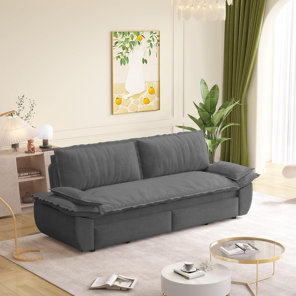 73.2' Sofa Bed Queen, 3-in-1 Pull Out Sofa Bed with Pillow Armrest, Modern Corduroy Convertible Sleeper Futon Sofa for Living Room Small Space, Apartment, Bedroom, Grey