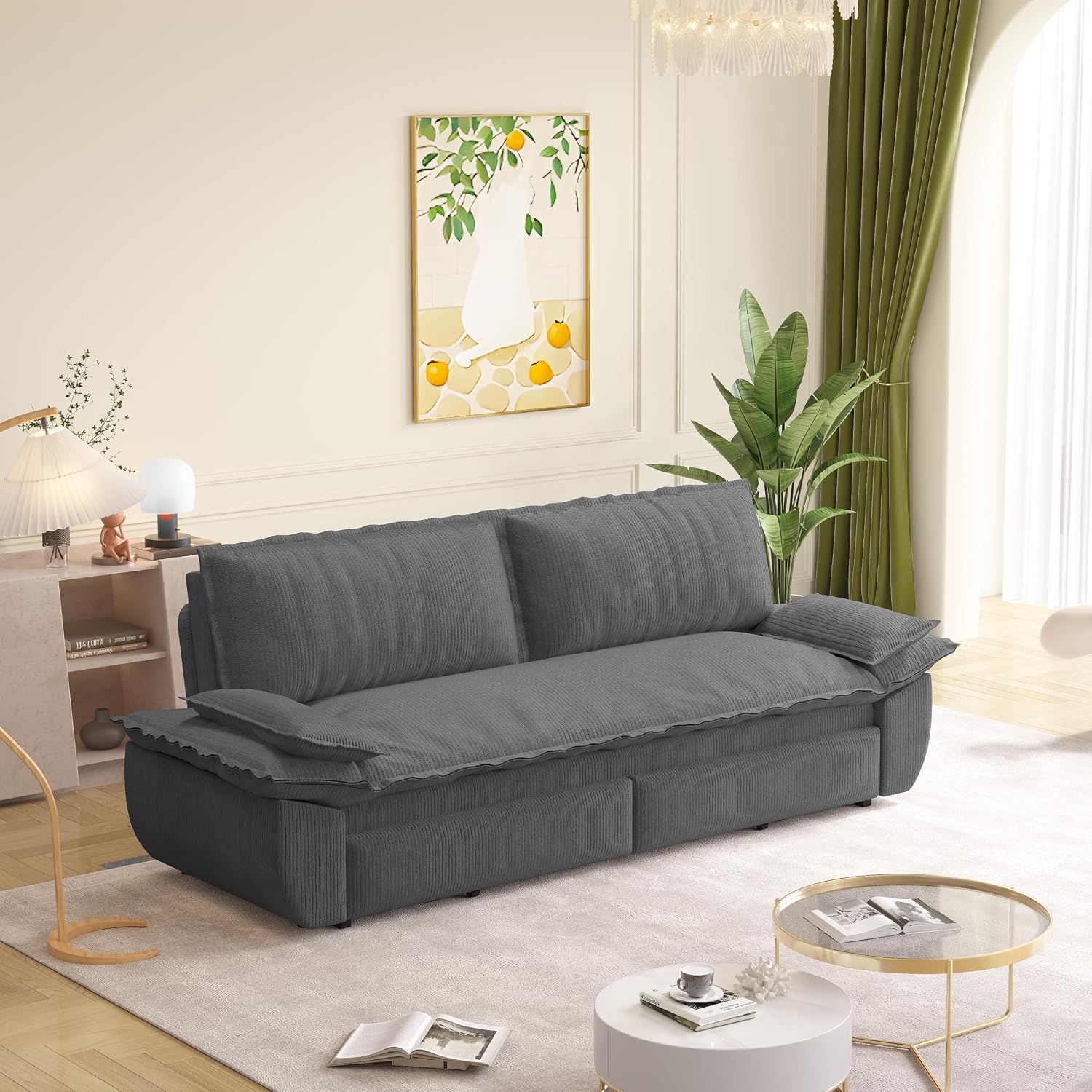 73.2' Sofa Bed Queen, 3-in-1 Pull Out Sofa Bed with Pillow Armrest, Modern Corduroy Convertible Sleeper Futon Sofa for Living Room Small Space, Apartment, Bedroom, Grey