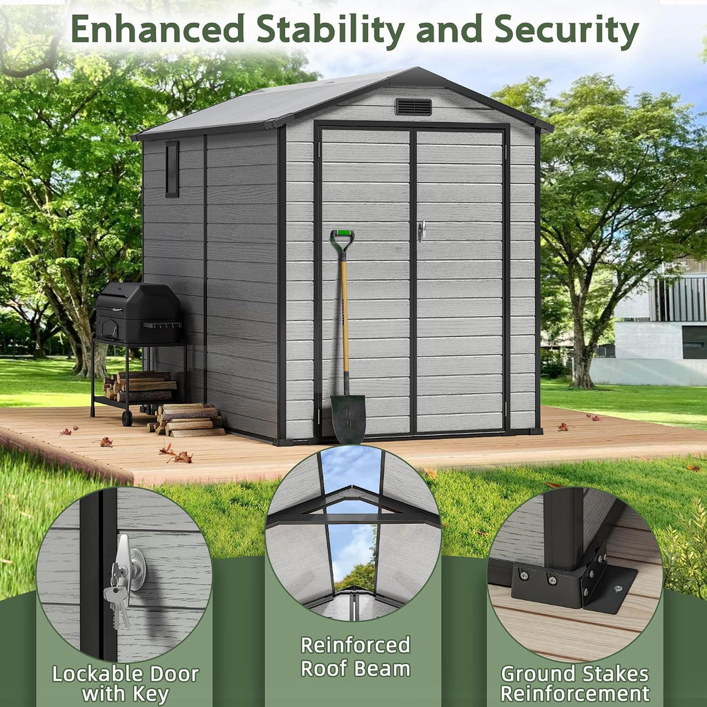 6X8 FT Plastic Outdoor Storage Shed, Double Door Tool Shed with Vent, Lockable Door with Key, Storing Patio Furniture, Gardening Tools, and Bicycle Accessories