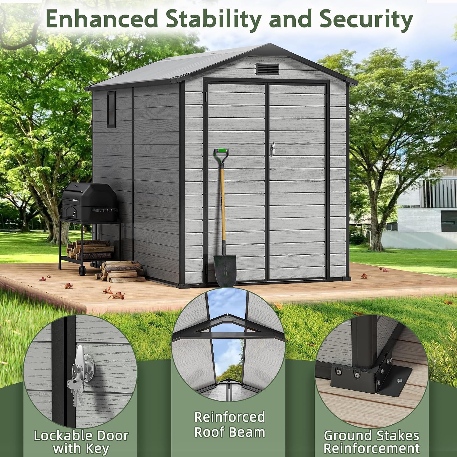 6X8 FT Plastic Outdoor Storage Shed, Double Door Tool Shed with Vent, Lockable Door with Key, Storing Patio Furniture, Gardening Tools, and Bicycle Accessories