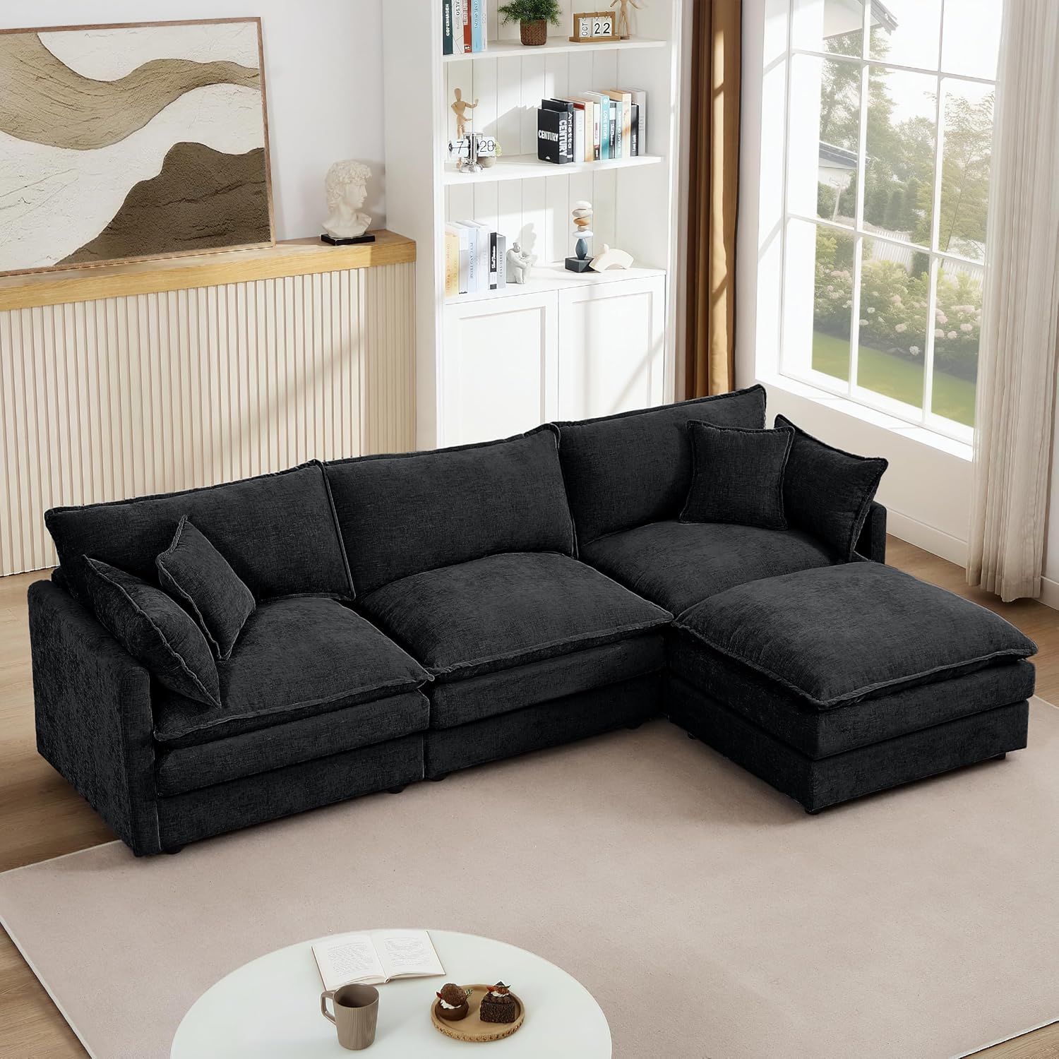 Eafurn Oversized Reversible Modular Sectional Sofa with Movable Ottoman, 4 Seater Convertible L Shaped Corner Couch Modern Chenille Sofa Set w/Double Layers Seat Cushions for Living Room Apartment