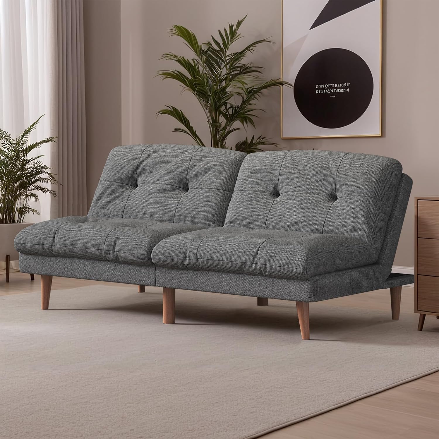 Flamaker Convertible Futon Sofa Bed Futon Couch with Adjustable Back Upholstered Sleeper Sofa Bed for Living Room Furniture (Fabric,Grey)