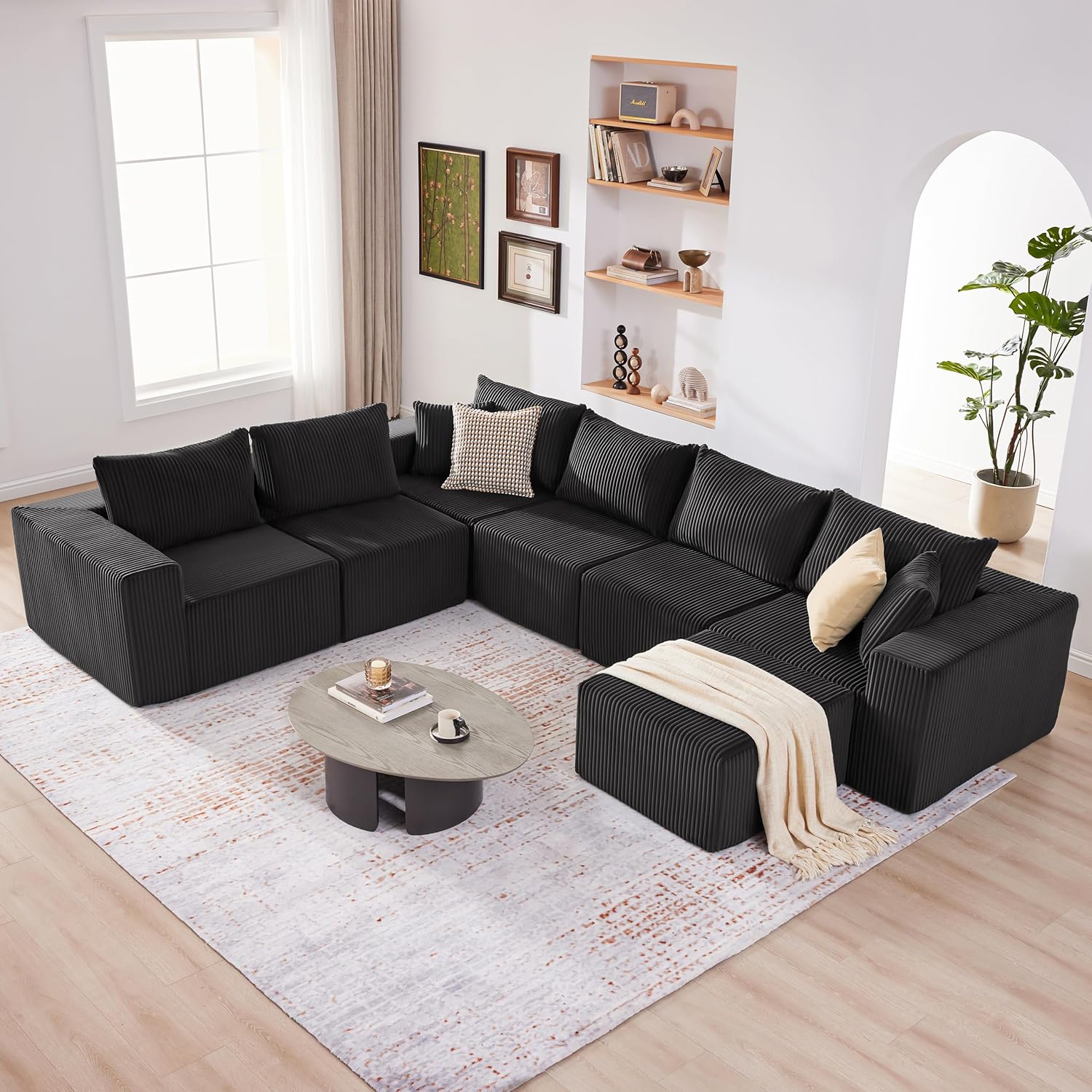 Cloud Couch Sectional, Modular Sofa with Deep Seat, Convertible Sectional Couches for Living Room, Plush Corduroy U Shaped Boneless Couch (Black, 6 Seater & 1 Ottoman)