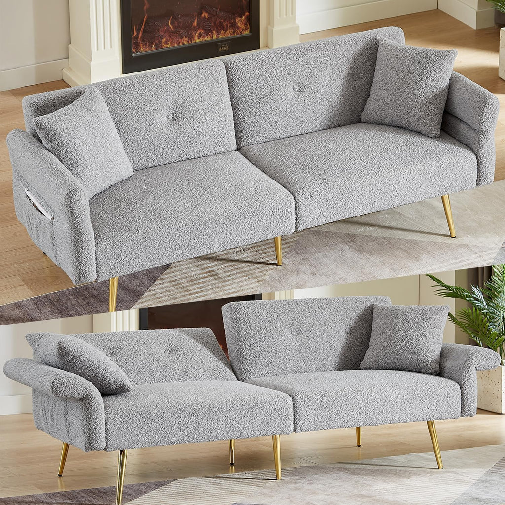 69.5' Grey Convertible Futon Sofa Bed with Adjustable Backrest and Armrests, Teddy Upholstered Loveseat Sleeper Couch with 2 Pillows and Metal Legs Love Seat for Guest Room Living Room (Grey)