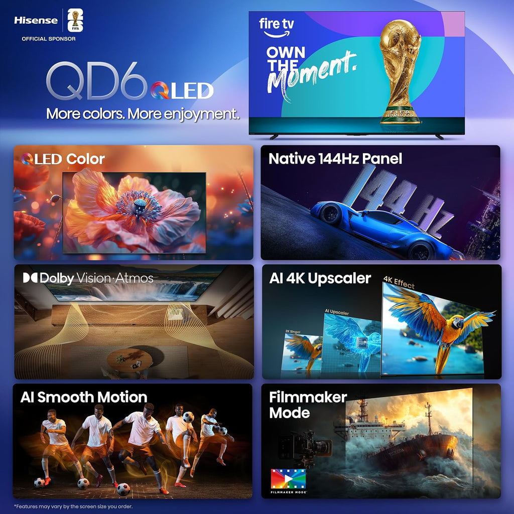 Hisense 100-Inch Class QD6 Series QLED 4K UHD Smart Fire TV (100QD6QF, 2025 Model) - QLED, Native 144Hz, Dolby Vision IQ, Dolby Atmos, Motion Rate 240, HDR 10+, Game Mode Plus, Alexa Built in