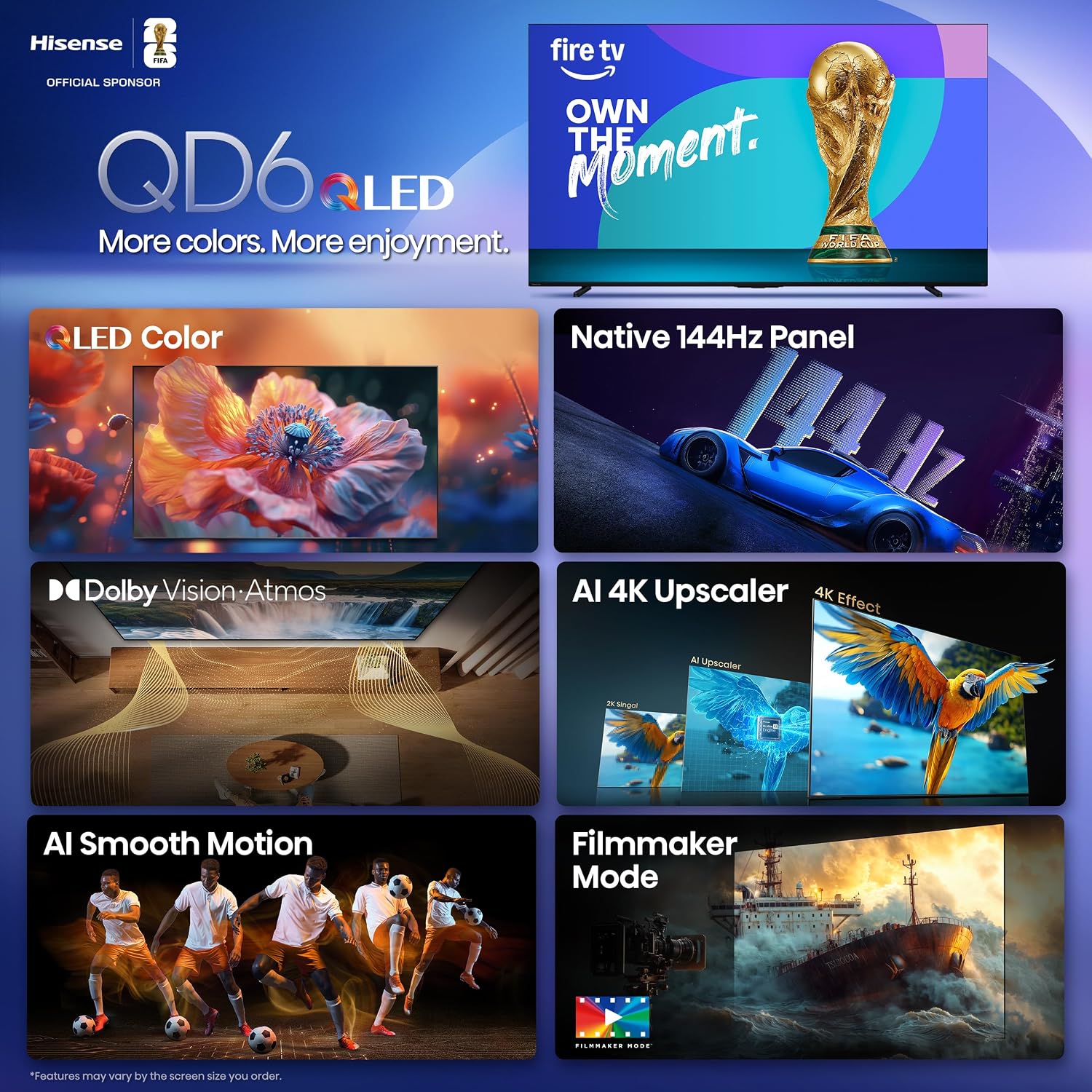 Hisense 100-Inch Class QD6 Series QLED 4K UHD Smart Fire TV (100QD6QF, 2025 Model) - QLED, Native 144Hz, Dolby Vision IQ, Dolby Atmos, Motion Rate 240, HDR 10+, Game Mode Plus, Alexa Built in
