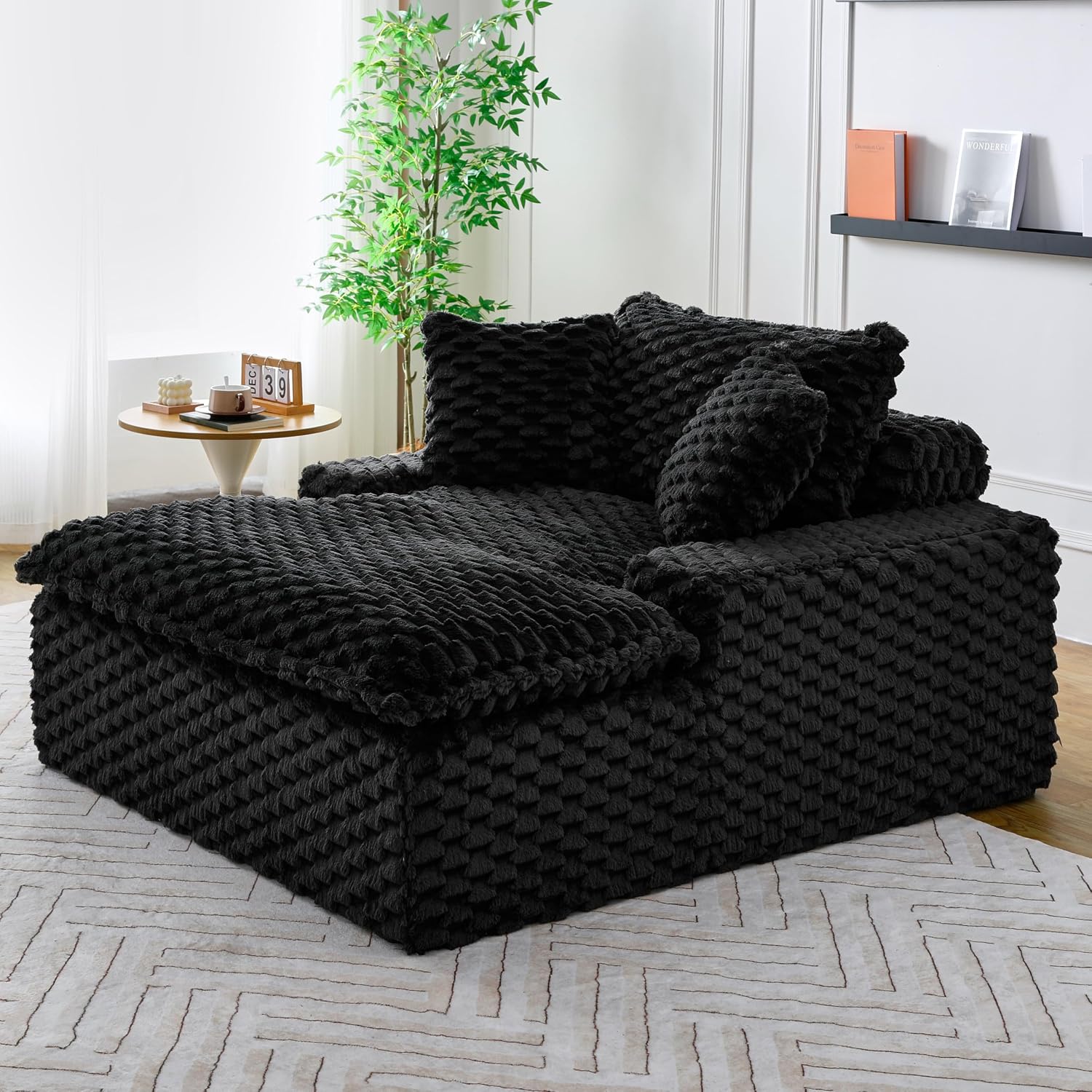 51 Inch Lounge Sofa, Boneless Cloud Couch for Living Room Bedroom, Comfy Reading Chair for Adults, Soft Textured Sleeper Chair with 2 Pillows, Frameless Floor Seating (Black)