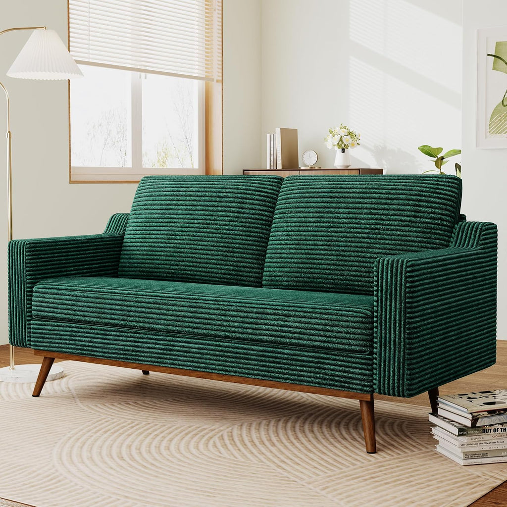 65.4' Loveseat Sofa,Comfy Forest Green Corduroy Love Seat Couches for Living Room,Mid Century Modern Small Couch for Bedroom Office with Spring Cushion,Solid Wood Frame,Tool-Free Assembly