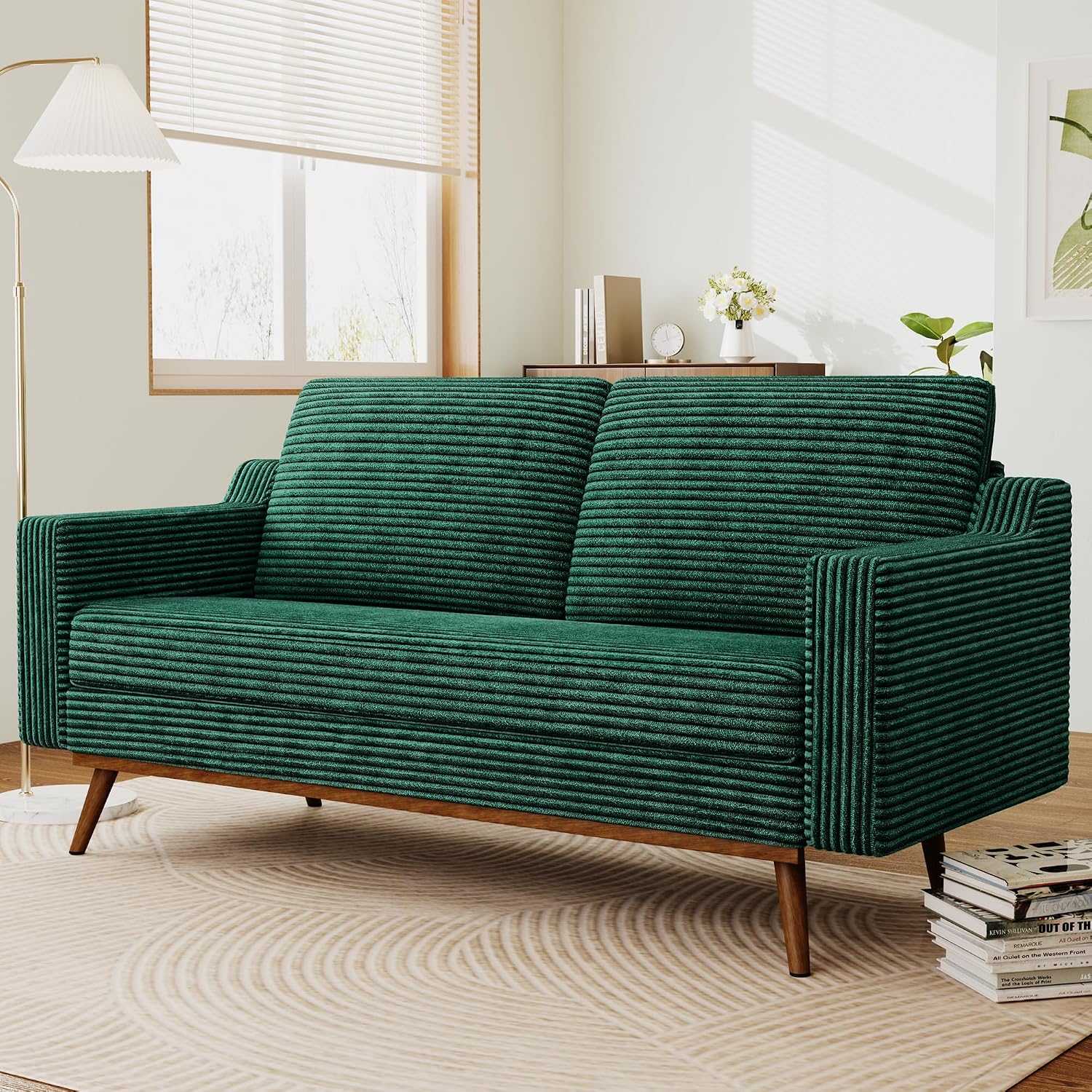 65.4' Loveseat Sofa,Comfy Forest Green Corduroy Love Seat Couches for Living Room,Mid Century Modern Small Couch for Bedroom Office with Spring Cushion,Solid Wood Frame,Tool-Free Assembly