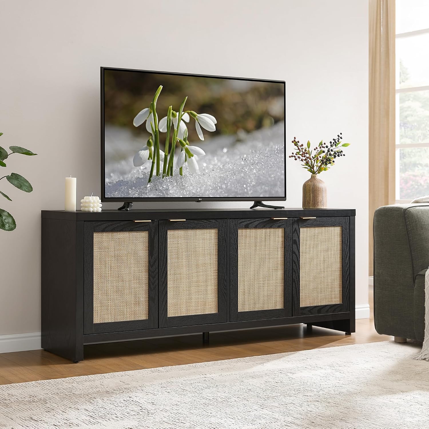 SICOTAS TV Stand for Living Room Boho Entertainment Center for Bedroom with 4 Rattan Cabinets Farmhouse Television Stands with Storage Large Media Console Table for TVs up to 65 Inch