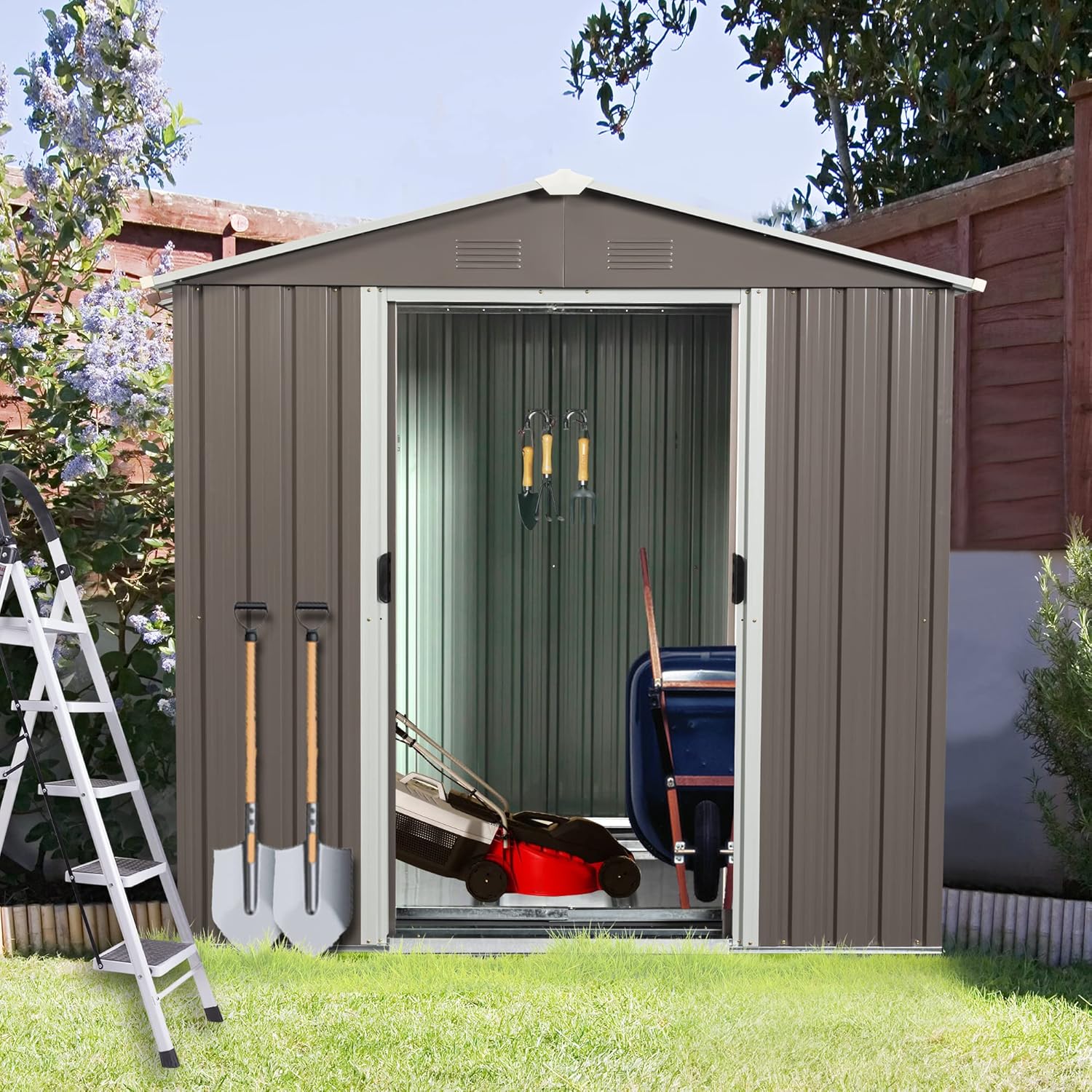 KEIKI 6x5 FT Outdoor Metal Storage Shed with Peaked Roof,Vents and Lockable Door for Garden Yard