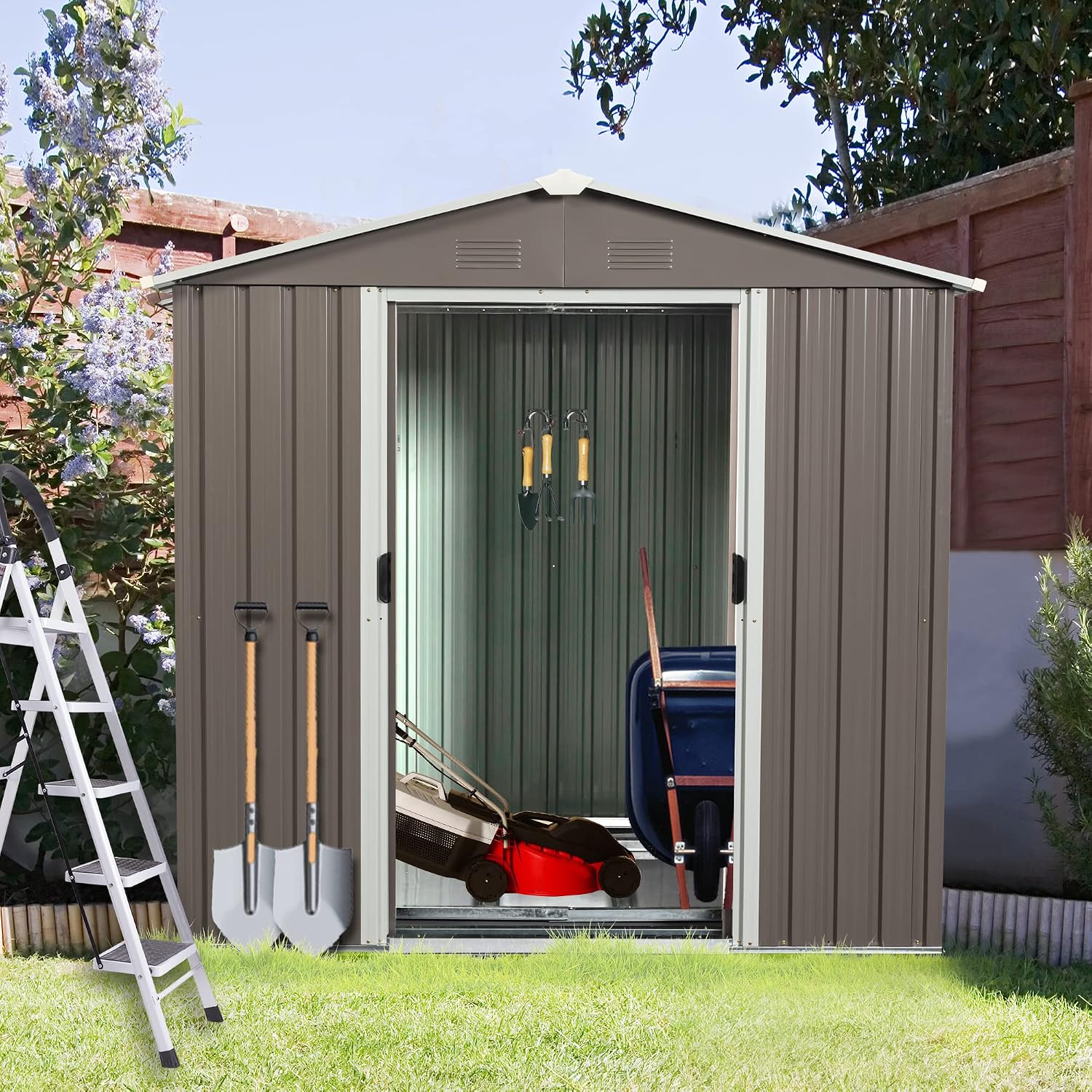 6x5FT Metal Shed, Metal Outdoor Storage Shed, Metal Garden Shed Without Floor, Outdoor Metal Shed Without Window, Grey