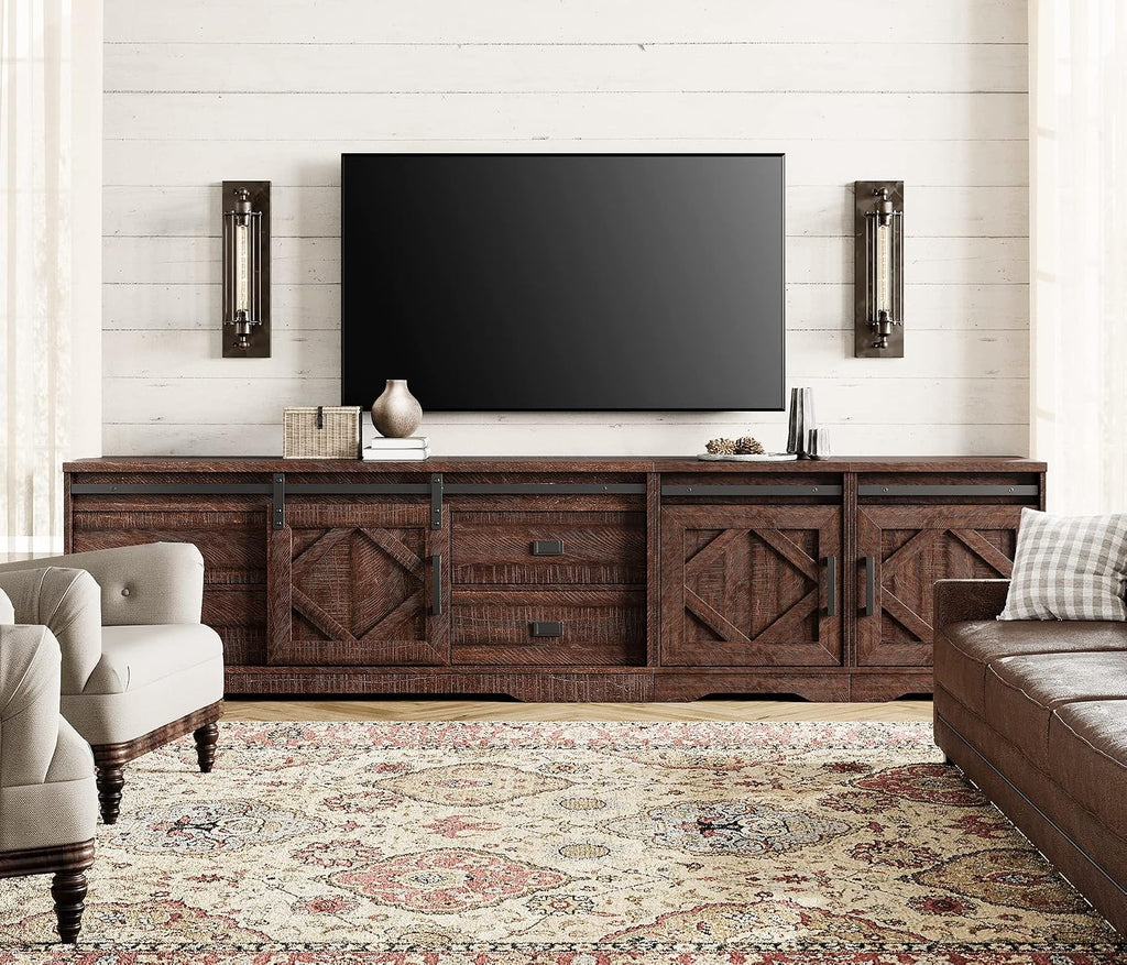 WAMPAT 98' Wide Farmhouse TV Stand for up to 110' TV, 3-in-1 Rustic Wood Entertainment Center with Drawers and Cube Cabinets for Living Room, Faux Bark Finish, Rustic Brown