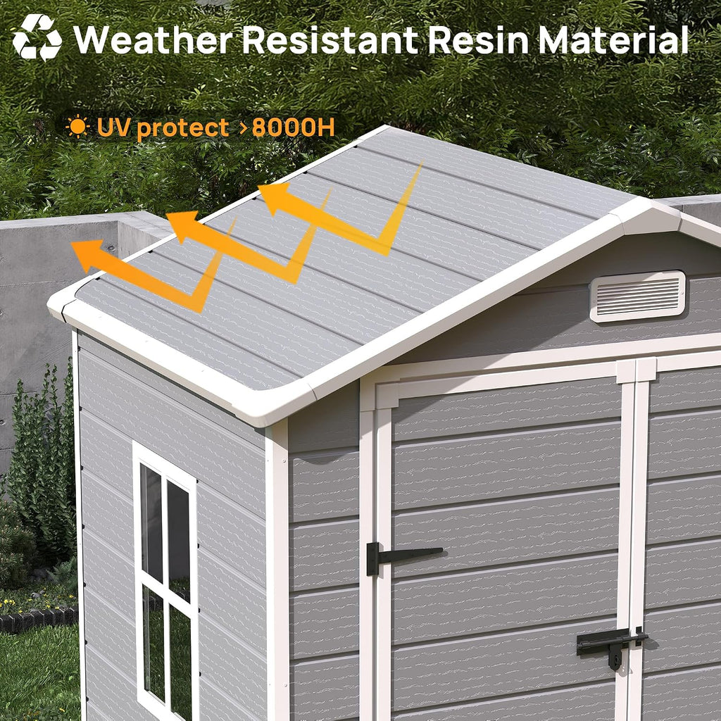 Resin Storage Sheds with Floor, 6x4.5 FT Plastic Garden Shed with Lockable Door, Window, Waterproof, Outdoor Tool Storage for Bike, Garbage Can, Grey White, Light Grey