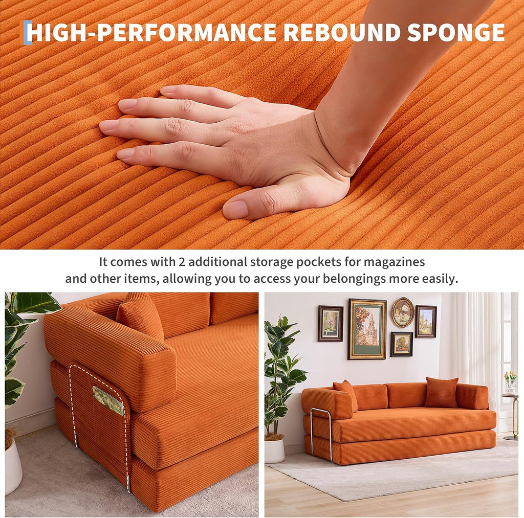 Garvee 5-in-1 Convertible Sofa Bed, 78.8' Modular Corduroy Sleeper with Sturdy Frame & No Assembly, Multi-Functional Futon for Small Space, Living Room & Guest Room (Green) (Orange)