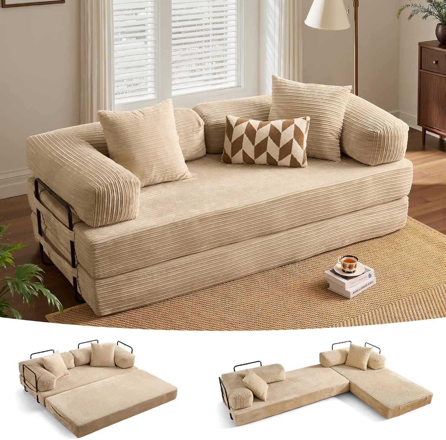 ovios 81' Folding Sofa Bed, Foldable Sleeper Boneless Couch with Pull Out Beds, Modular Convertible Floor Futon Loveseat Lounger for Living Room (Corduroy, Beige)