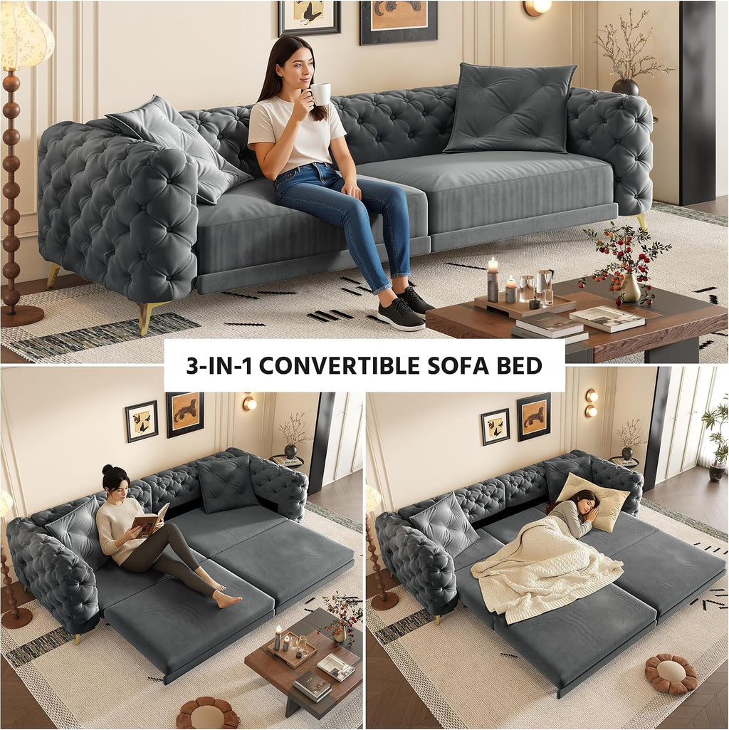 97.7' King Pull Out Sofa Bed, Velvet Chesterfield Sleeper Sofa Couch, 3 in 1 Convertible Tufted Futon Couches with Ottoman for Living Room, Small Space, Apartment, Office, Bedroom, Dark Gray