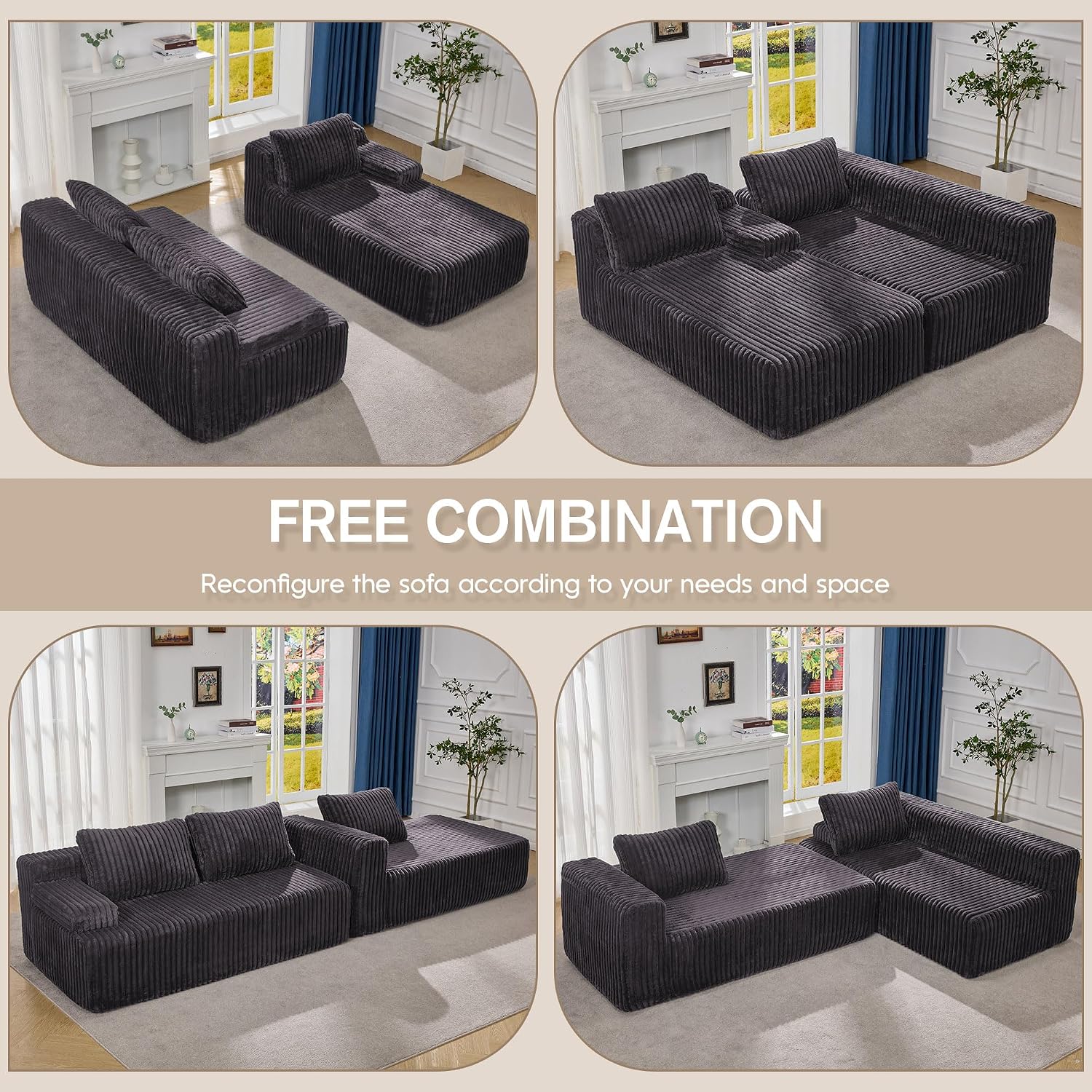 Hobestluk Modular Sectional Sofa Couches L-Shape Couch 3 Seat Modular Sofa Memory Foam Sectional Couches for Living Room, Cloud Couch with Oversized Chaise (108' Right Facing Chaise)