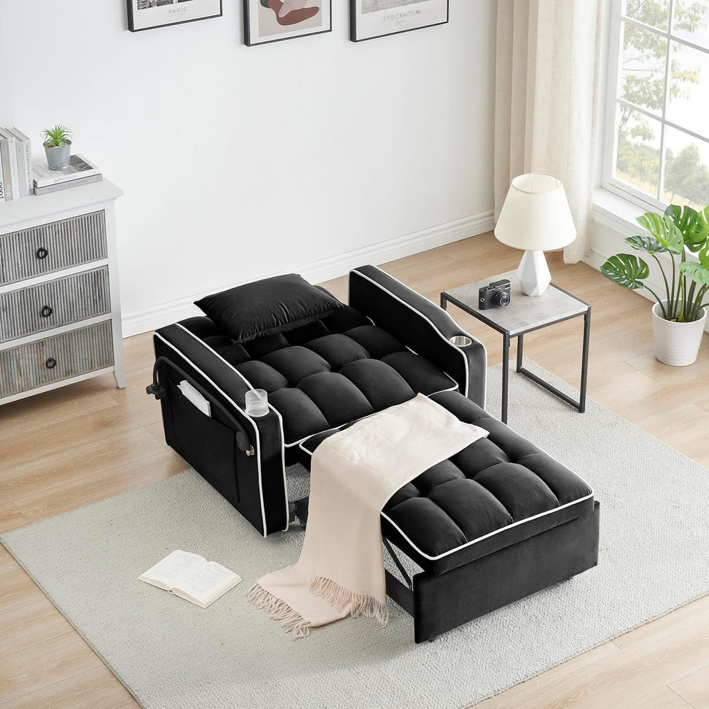 3-in-1 Convertible Sleeper Sofa Bed Chair with Cup Holders & Phone Holder, Futon Chair Bed with Pull Out Couch Adjustable Backrest, Modern Velvet Chaise Lounge for Living Room Bedroom (Black, 35.43')