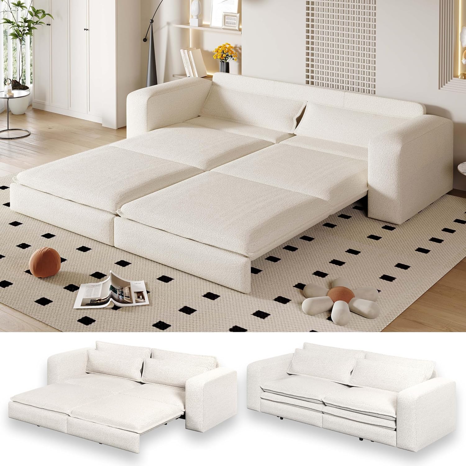 93' King Pull Out Sofa Bed, Teddy Sleeper Sofa Couch, Modern Wide Armrest, 3 in 1 Convertible Futon Couches for Living Room, Small Space, Apartment, Bedroom, Office, Beige