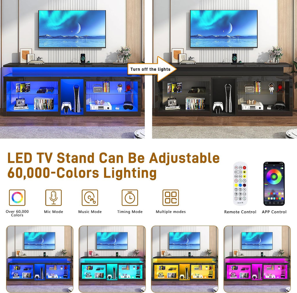 71' LED TV Stand with Power Outlet,60-Colors LED Lights For 65 70 80 in TV,High Gloss Gaming Entertainment Center w/Adjustable Shelves,Black TV Console with Modern Design for Living Room Bedroom