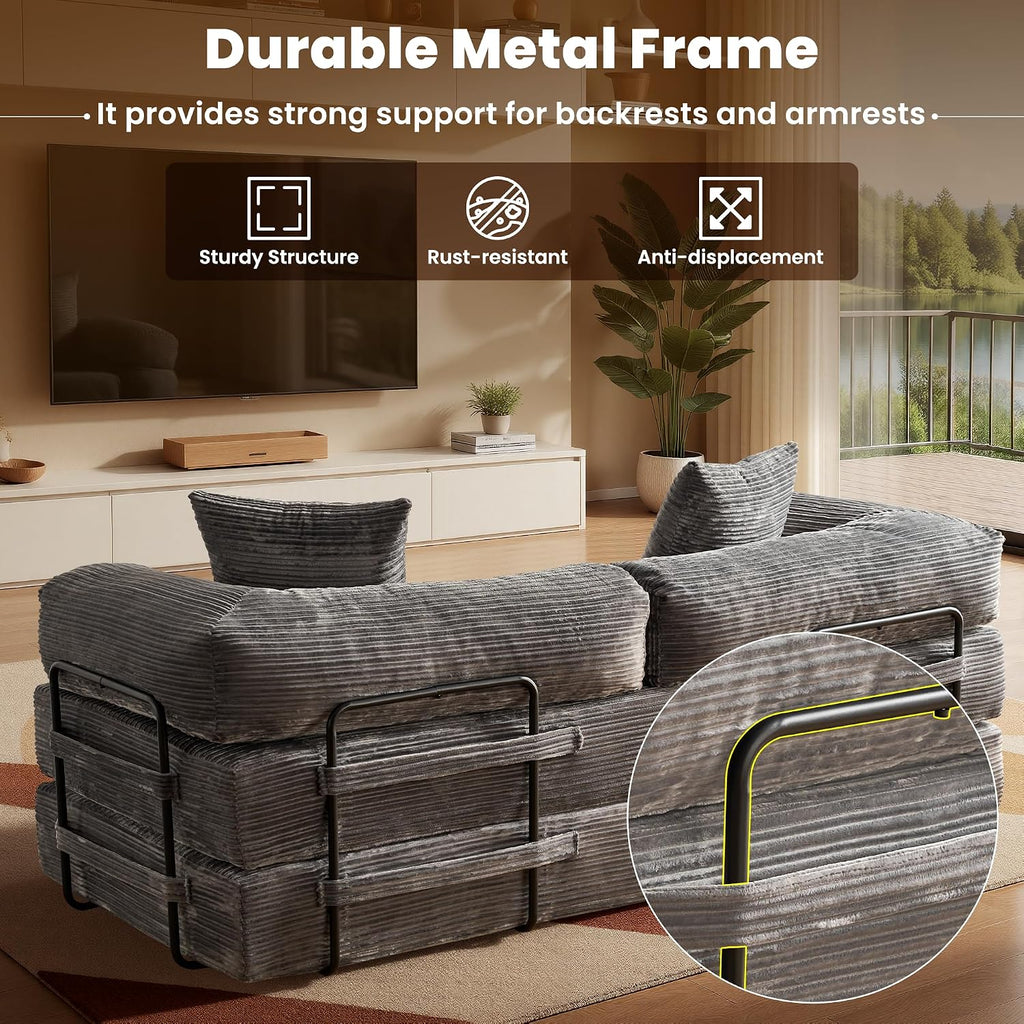 ovios 81' Folding Sofa Bed, Foldable Sleeper Boneless Couch with Pull Out Beds, Modular Convertible Floor Futon Loveseat Lounger for Living Room (Corduroy, Grey)