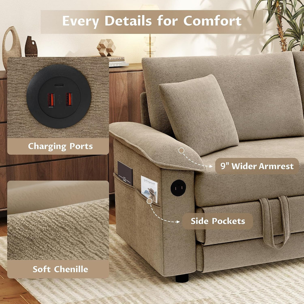 SUNWAVE 77' Sleeper Sofa Convertible Sofa Bed with USB Ports & Side Pockets, Chenille Loveseat Pull Out Couch with Full Size Sleeping Area, Folding Sofa Bed for Living Room & Small Spaces (Khaki)