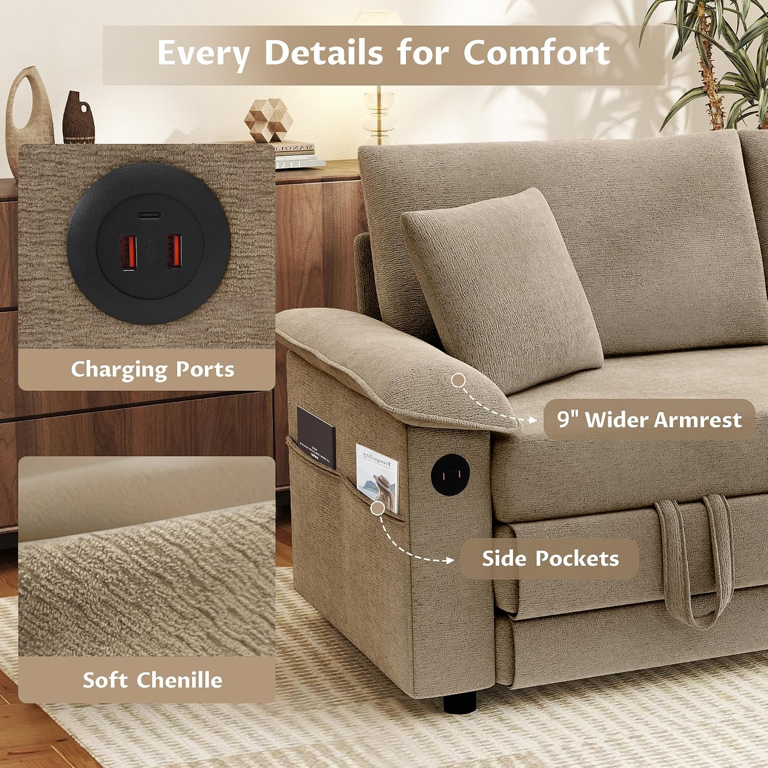 SUNWAVE 77' Sleeper Sofa Convertible Sofa Bed with USB Ports & Side Pockets, Chenille Loveseat Pull Out Couch with Full Size Sleeping Area, Folding Sofa Bed for Living Room & Small Spaces (Khaki)
