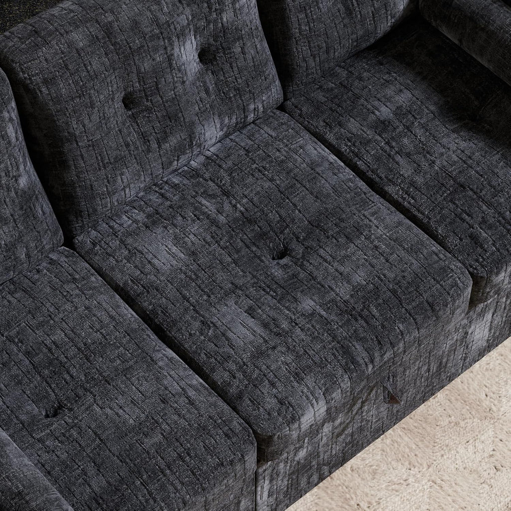 Convertible Sleeper Sofa Bed, 63 Inch Chenille Pull Out Couch with Side Table & Adjustable Backrest, Sectional Sleeper Sofa with Pull Out Bed for Living Room, Apartment, Black