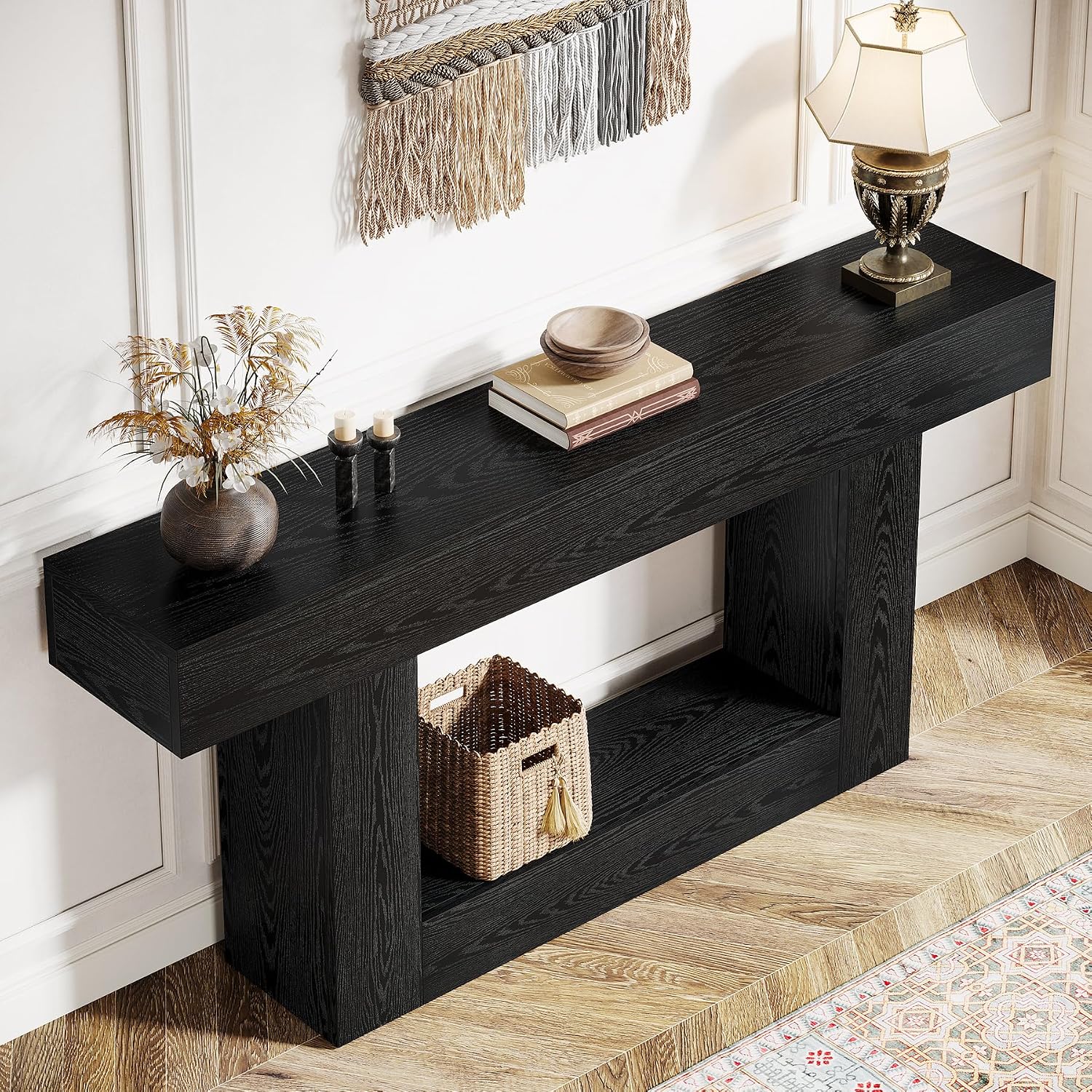 Tribesigns 63' Console Table, Farmhouse 2-Tier Entryway Table with U-Shaped Base, Narrow Long Wood Sofa Table Behind Couch Table for Living Room, Hallway, Foyer, Black