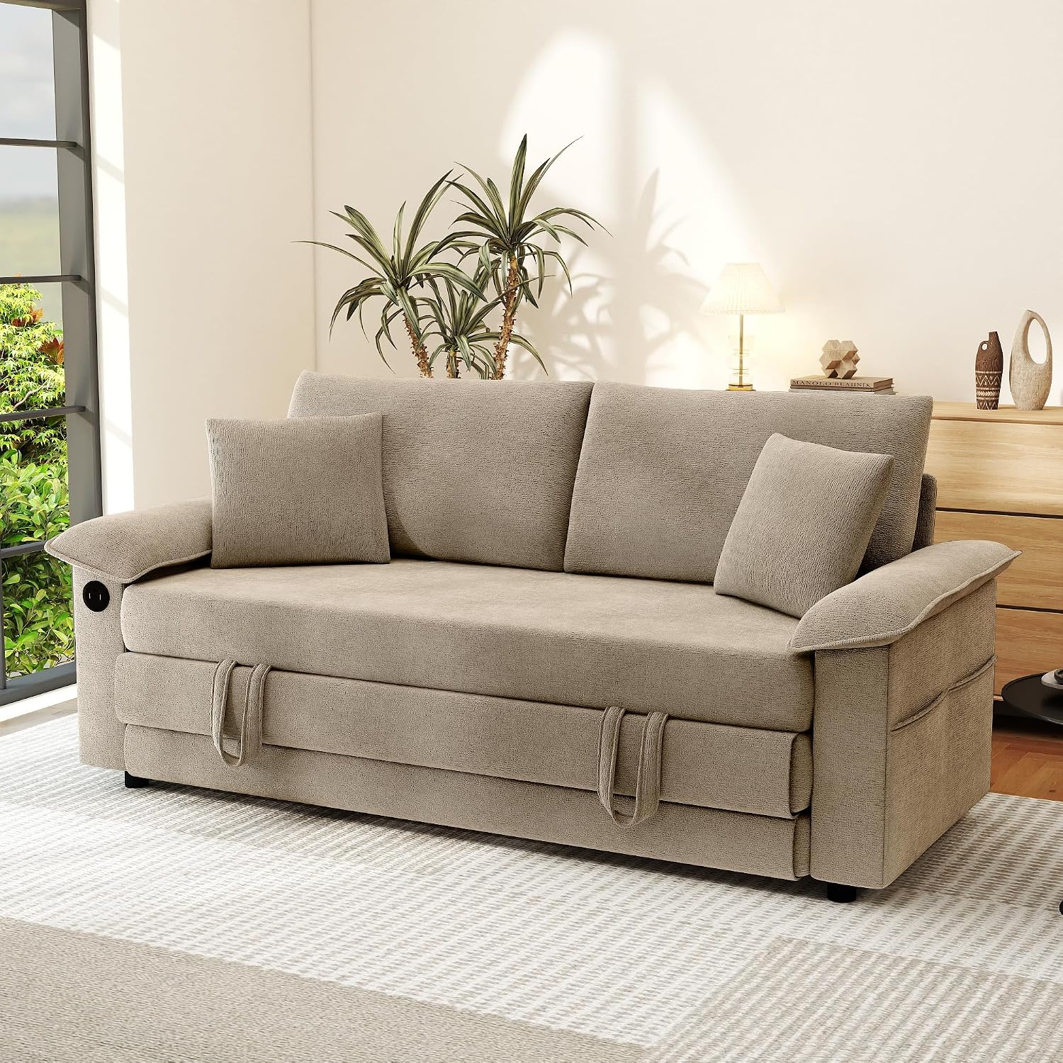 SUNWAVE 77' Sleeper Sofa Convertible Sofa Bed with USB Ports & Side Pockets, Chenille Loveseat Pull Out Couch with Full Size Sleeping Area, Folding Sofa Bed for Living Room & Small Spaces (Khaki)