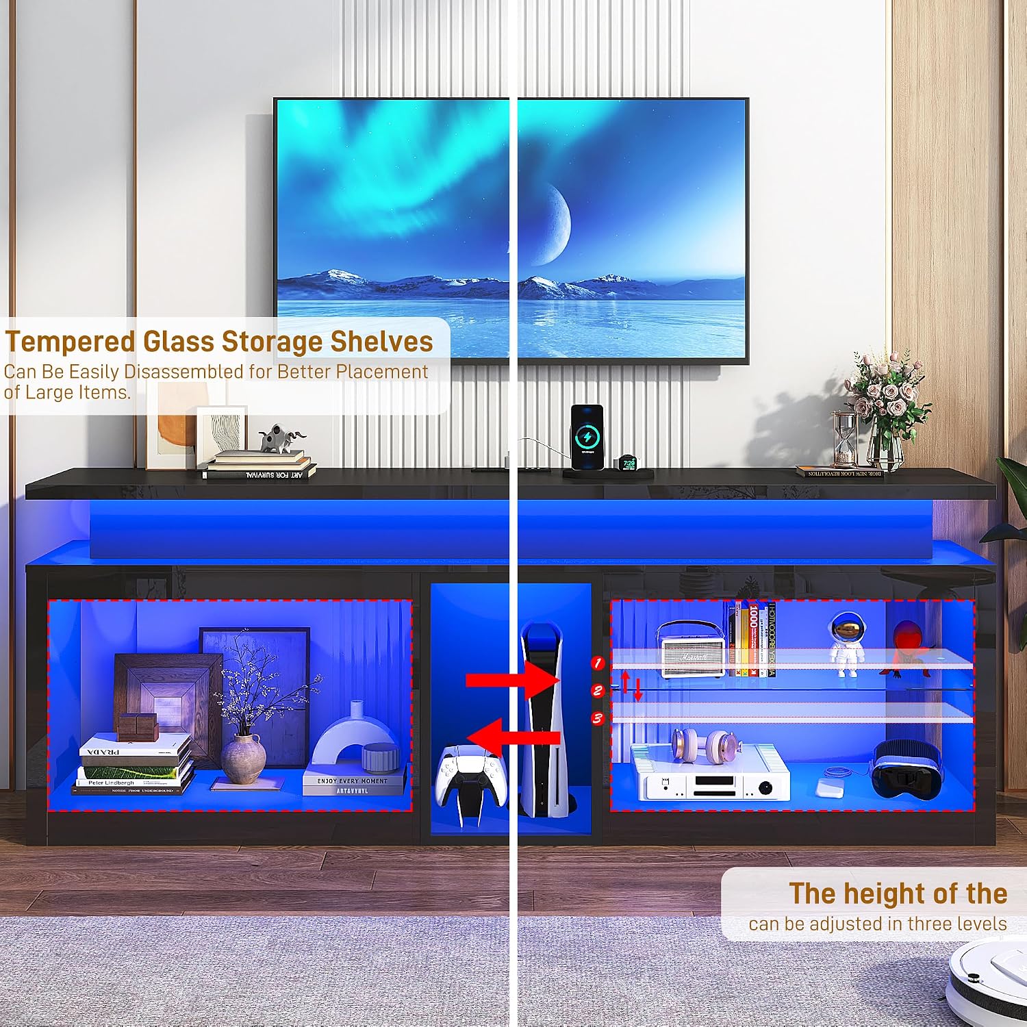 71' LED TV Stand with Power Outlet,60-Colors LED Lights For 65 70 80 in TV,High Gloss Gaming Entertainment Center w/Adjustable Shelves,Black TV Console with Modern Design for Living Room Bedroom