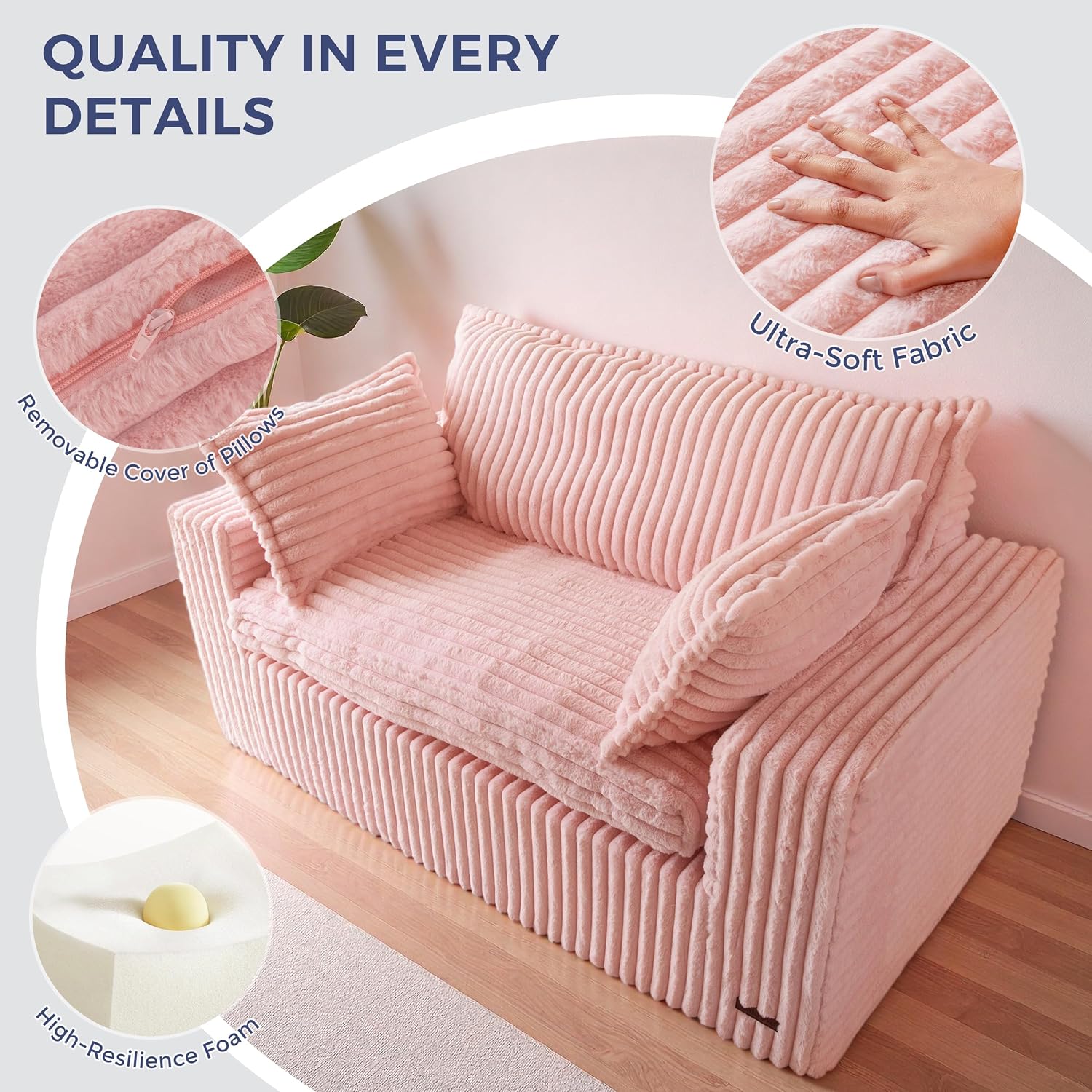 MAXYOYO 59' Bean Bag Sofa Couch, Loveseat Boneless Couch in a Box, Upholstered Small Mini Sofa with Deep Seating for Living Room Bedroom Office Apartment, No Assembly, Pink