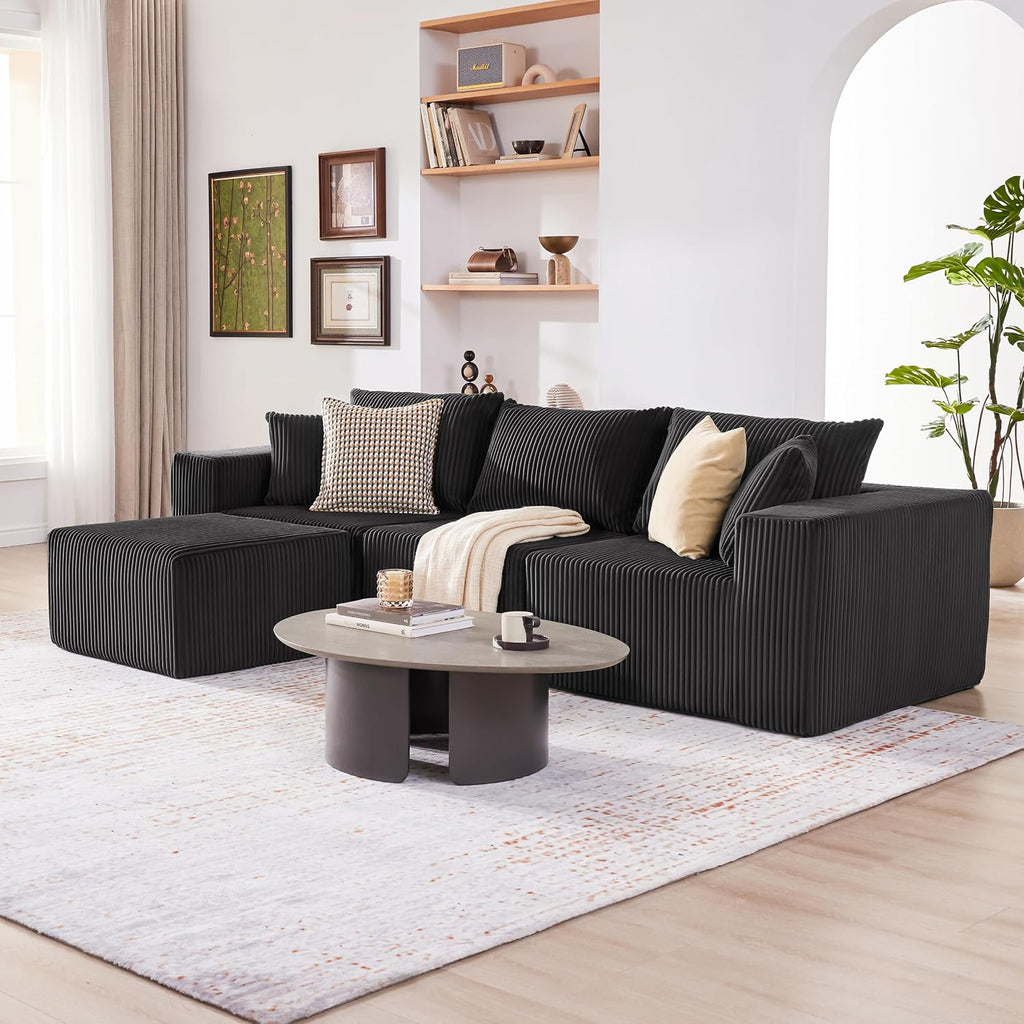 Weture 107.4' Cloud Couch Sectional, Modular Sofa with Deep Seat, Plush Corduroy L Shaped Boneless Couch, Convertible Sectional Couches for Living Room, 4Seat, Black