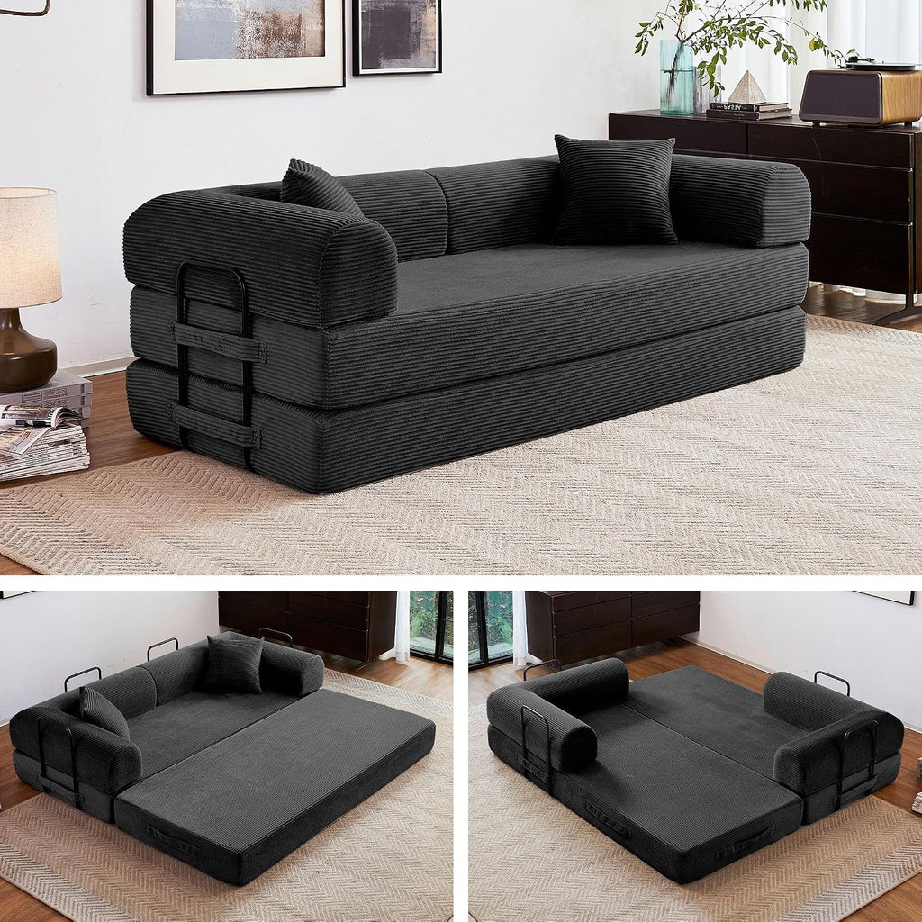 79' Convertible Sofa Bed, 5-in-1 Corduroy Boneless Couch Bed Sofa Pull Out, Memory Foam Couch, No Assembly Futon Couches for Living Room (Black)