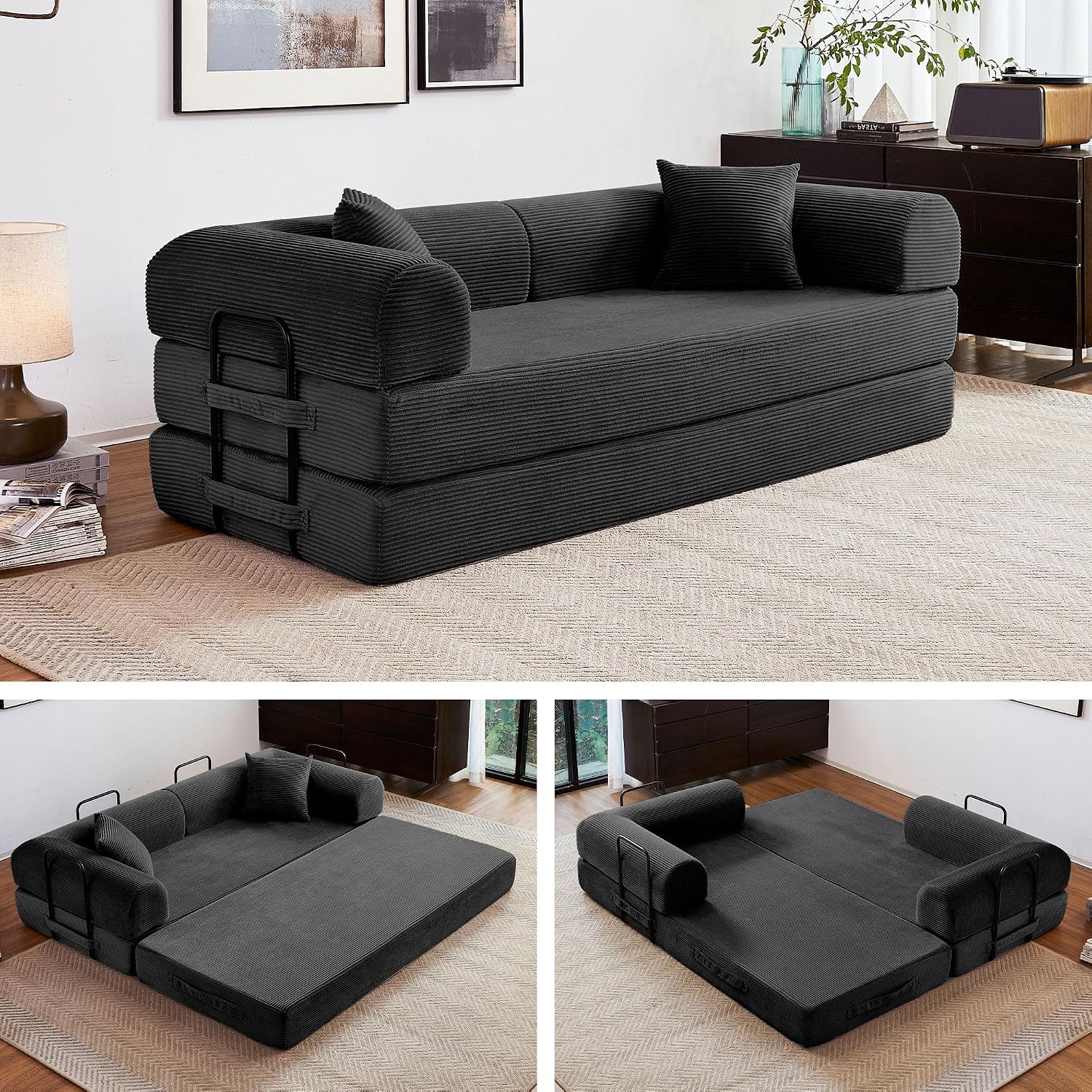 79' Convertible Sofa Bed, 5-in-1 Corduroy Boneless Couch Bed Sofa Pull Out, Memory Foam Couch, No Assembly Futon Couches for Living Room (Black)