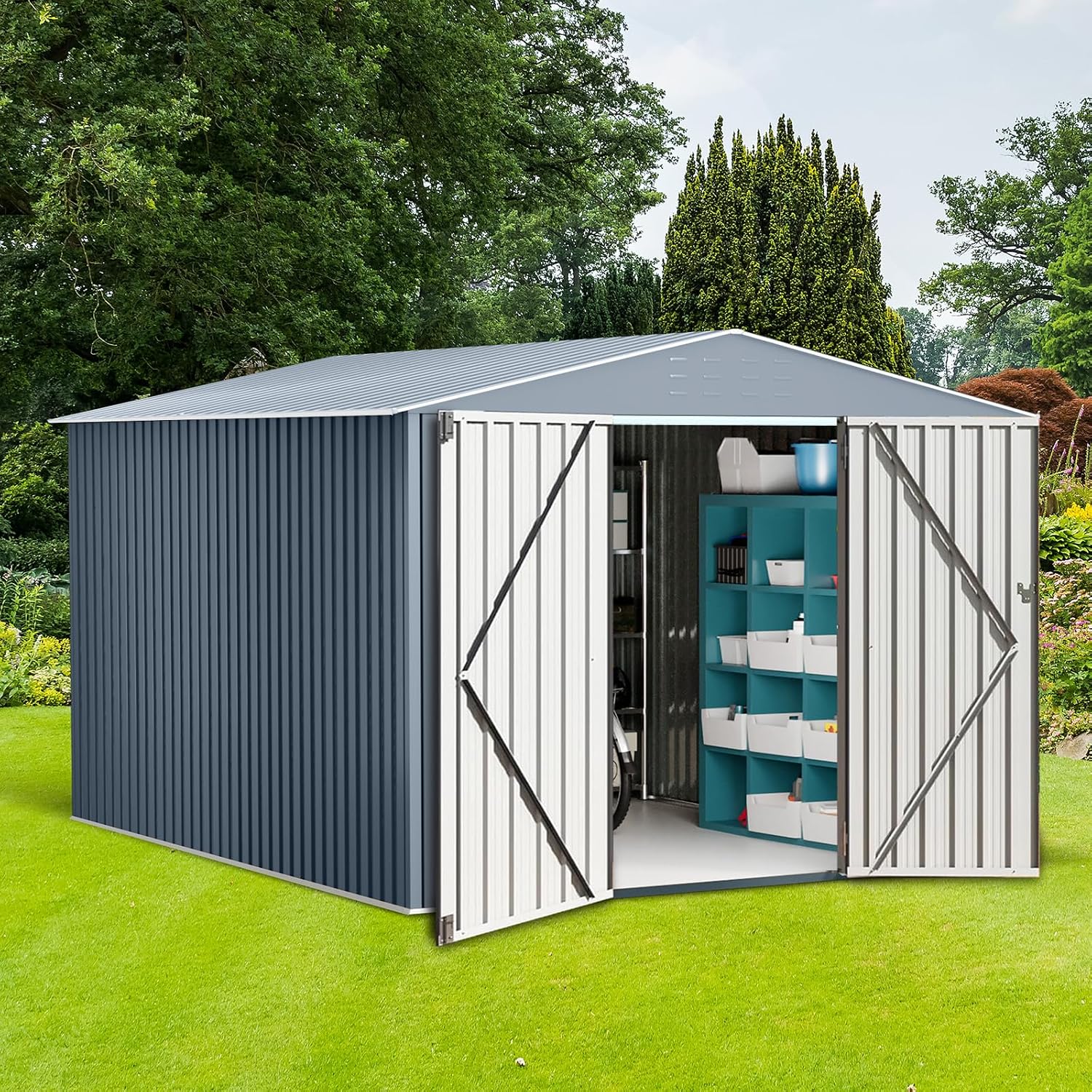 8x12 FT Outdoor Metal Storage Shed, Large Metal Storage Sheds with Sturdy Frame Structure, Garden Tool Shed with Lockable Door for Garden, Lawn, Backyard, Gray