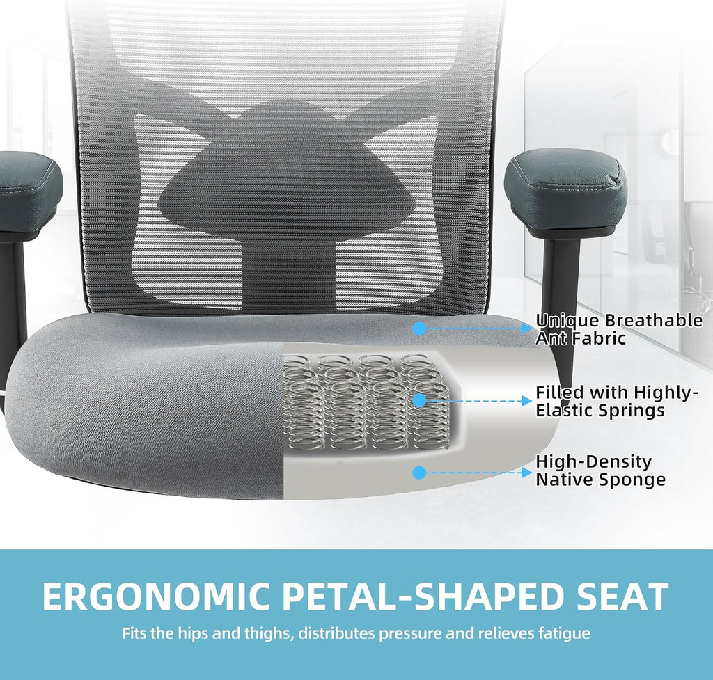 500LBS Big and Tall Office Chair with 4D Armrests & Adjustable Backrest, Heavy Duty Office Chair for Heavy People, Memory Foam Seat Filling Springs, Grey