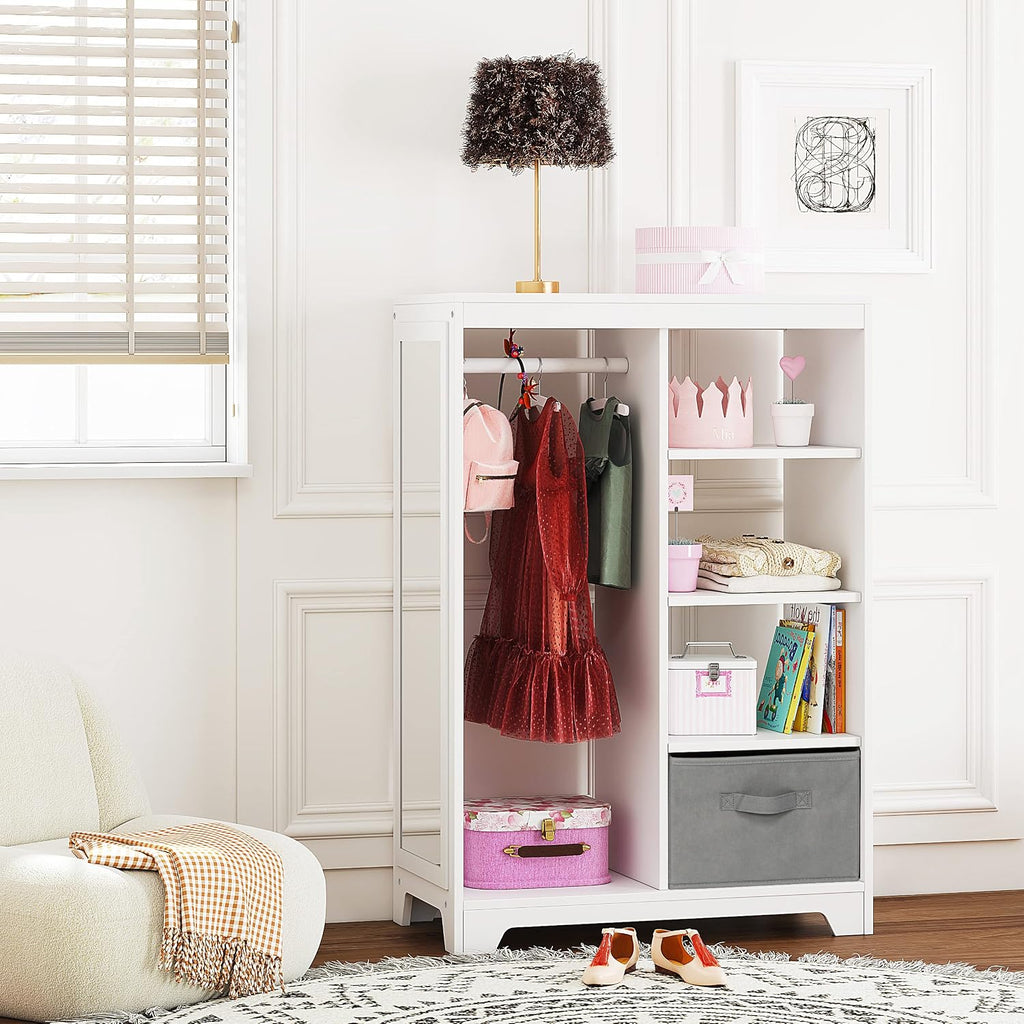 UTEX Kids Dress Up Storage with Full Length Mirror, Kids Armoire with 2 Storage Bins, Opening Hanging Costume Closet Wardrobe, Pretend Storage Closet Armoire Dresser