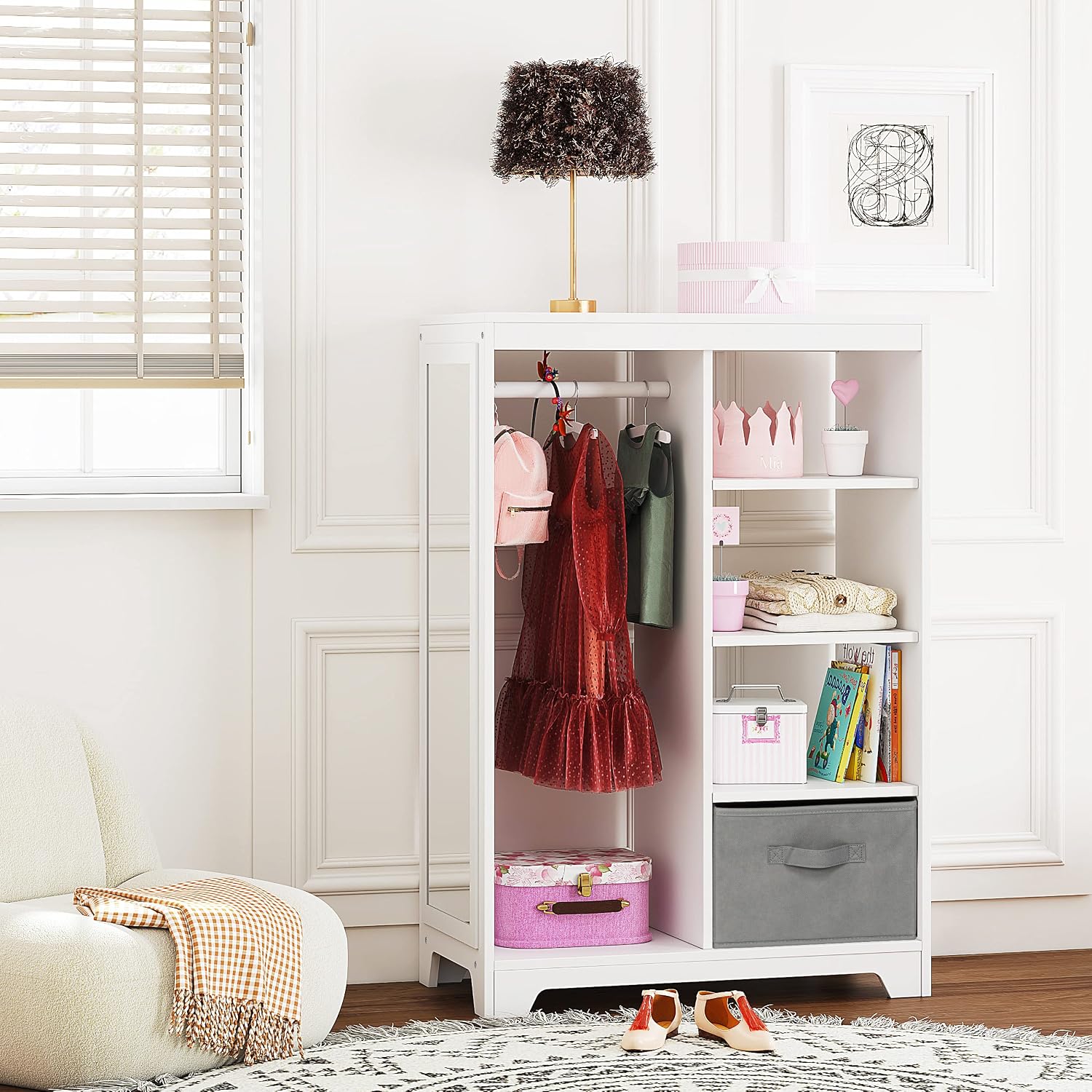 UTEX Kids Dress Up Storage with Full Length Mirror, Kids Armoire with 2 Storage Bins, Opening Hanging Costume Closet Wardrobe, Pretend Storage Closet Armoire Dresser