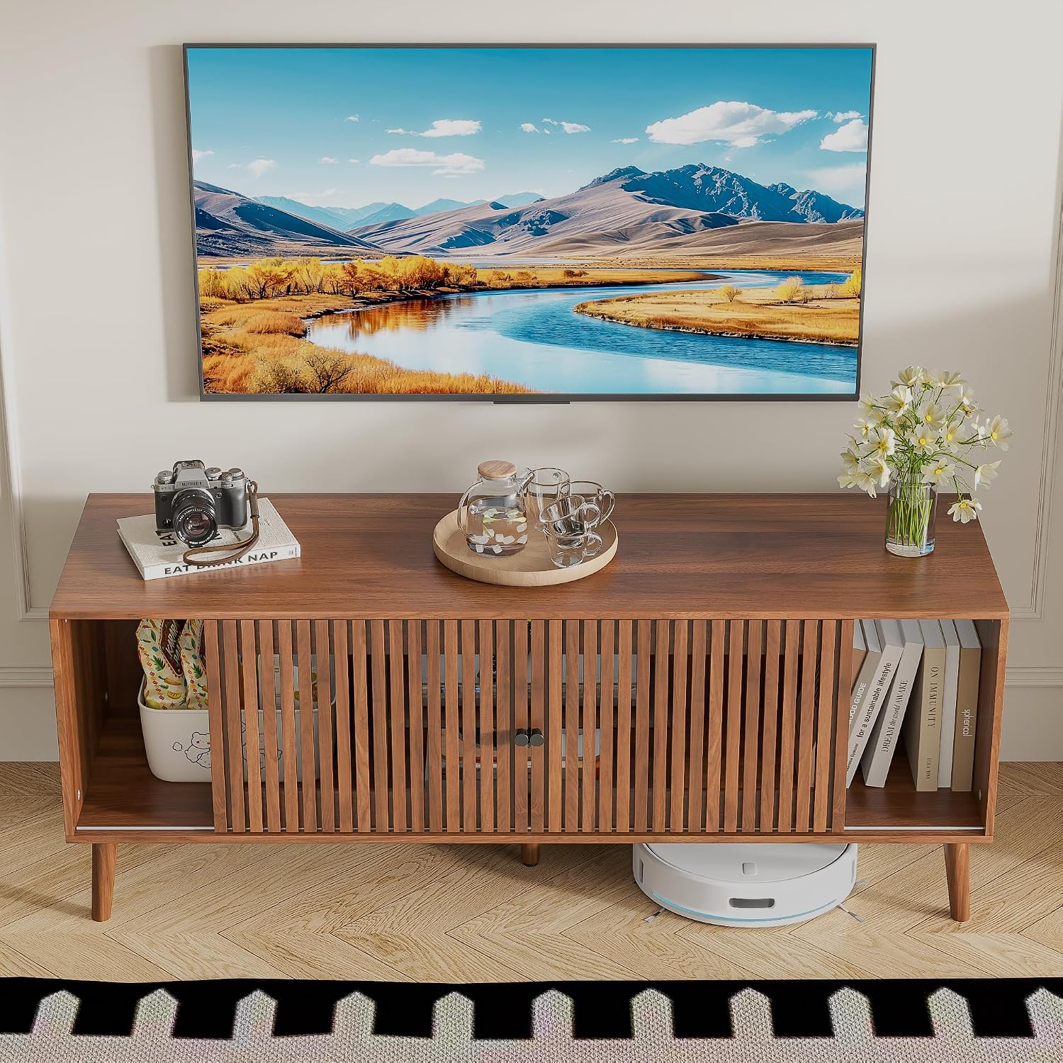 Oubayajia Mid Century Modern TV Stand for Televisions up to 60 Inches, with Sliding Doors and Storage, Television Stands, TV Consoles, Media Consoles for Living Room(Walnut-51.2inch)