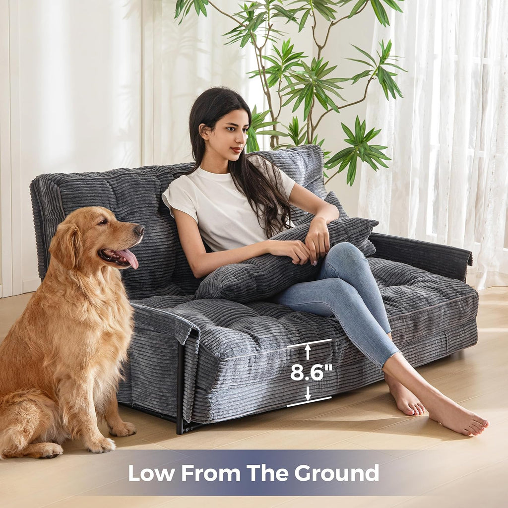 MAXYOYO Adjustable Floor Sofa Couch with 2 Pillows, Multi-Functional Bean Bag Bed, 5-Position Foldable Lazy Sofa Sleeper Bed with Armrest, Versatile Floor Seating for Reading, Dark Grey, Double