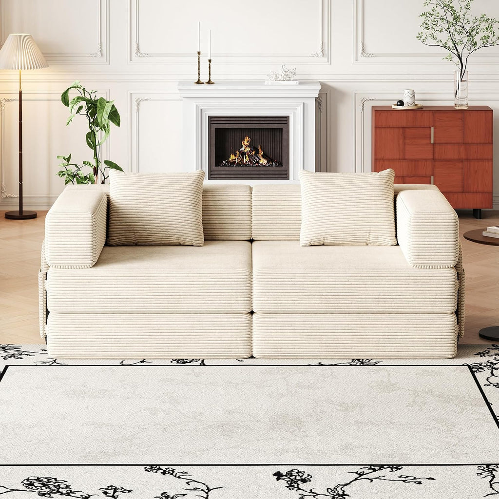 4-in-1 Convertible Folding Sofa Bed, 72' Oversized Corduroy Upholstered Boneless Couch, Loveseat Sleeper Sofa Bed, Floor Sofabed Modular Futon Couch for Living Room Bedroom Lounge (Beige, 72')