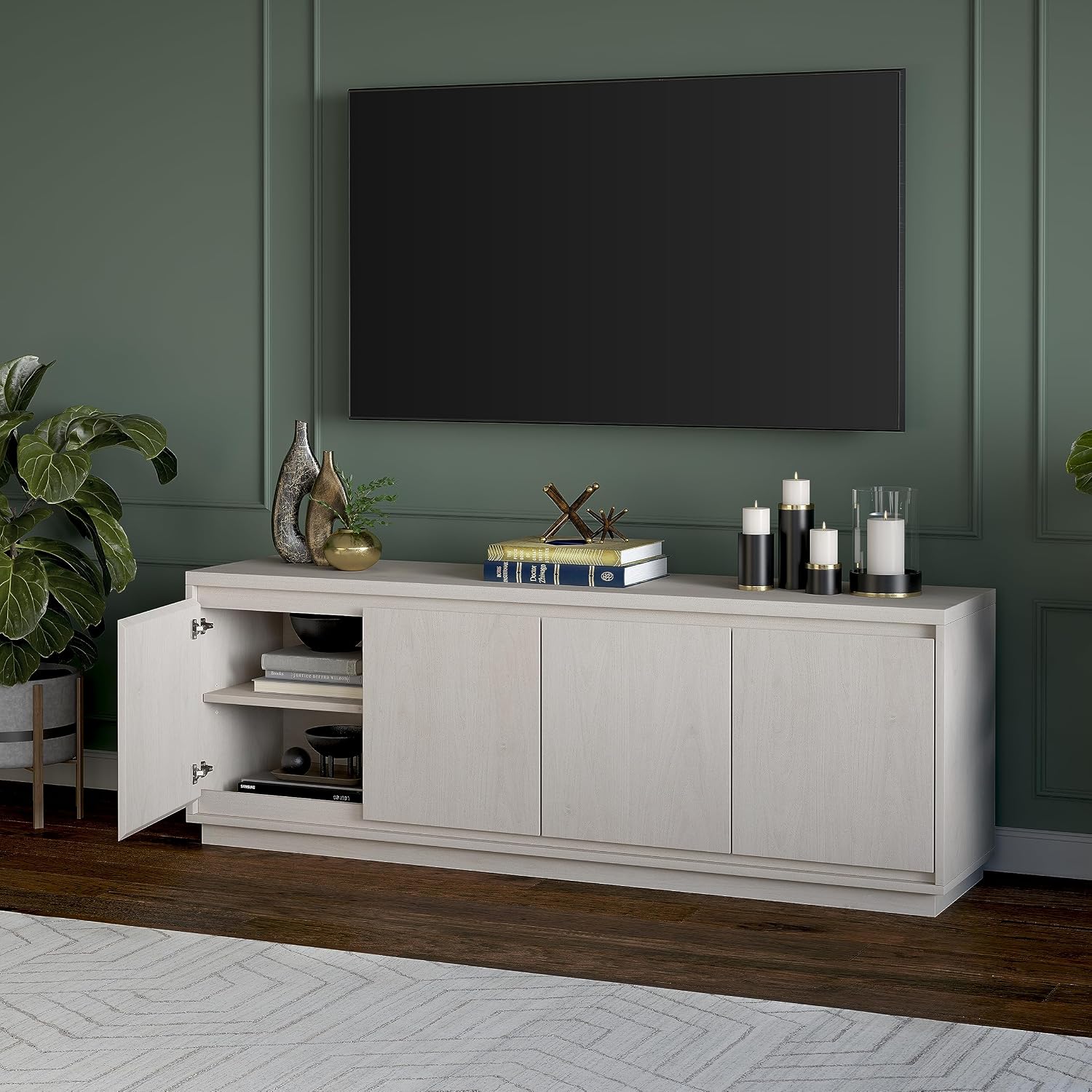 Henn&Hart TV Stand for TVs up to 75'' with 2 Concealed Storage Cabinets and Adjustable Shelves for Living Room, Family Room, or Office, Alder White