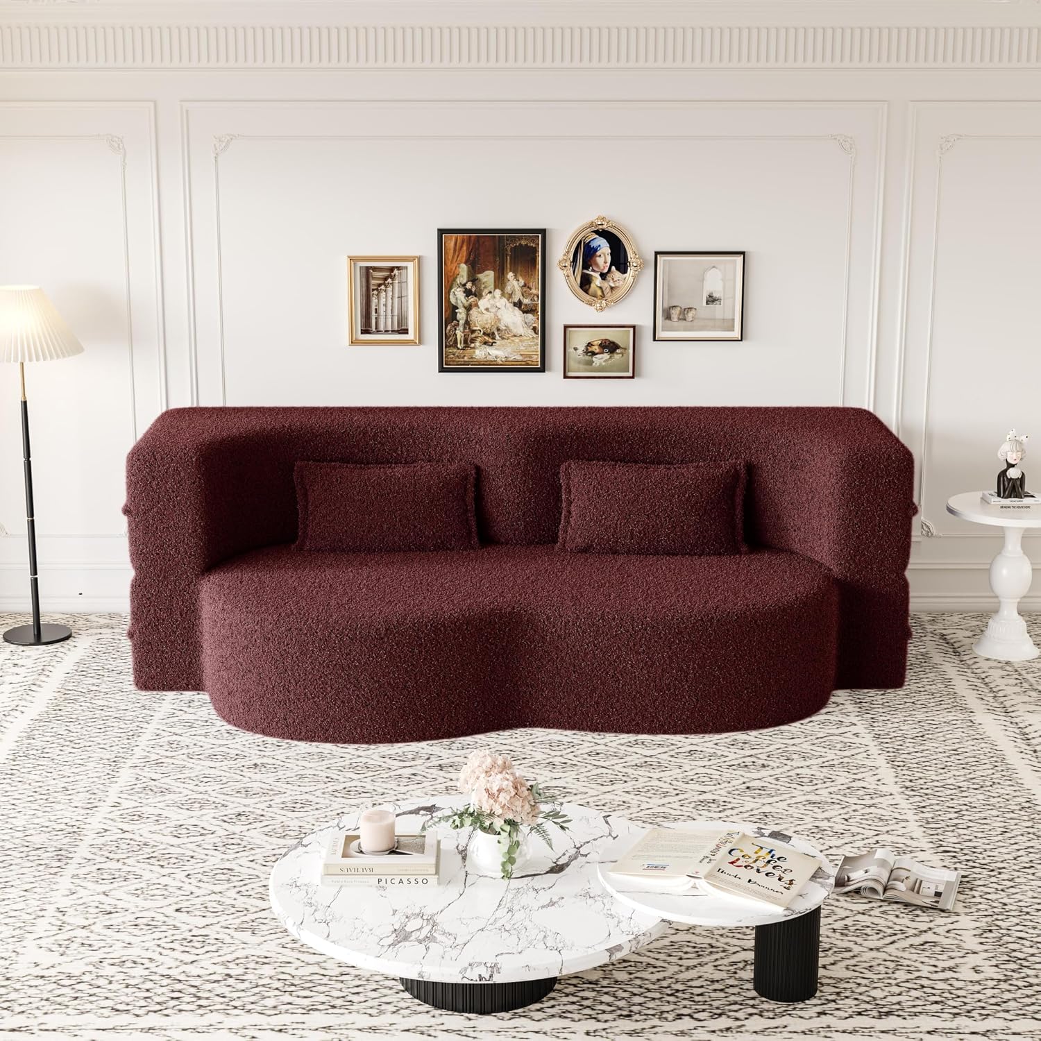 2-in-1 Folding Convertible Sofa Bed,78 Inch Convertible Boneless Couch with Pilow Foldable Matress, Teddy Loveseat Sleeper Pull Out Bed Floor Sofa Modular Futon Couch (Teddy, Burgundy)