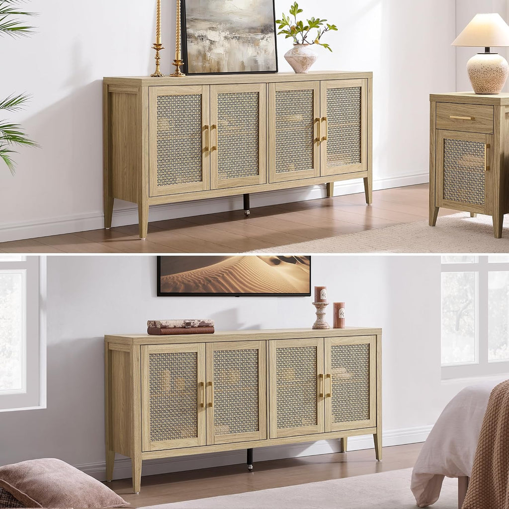SICOTAS TV Stands for Living Room - Modern TV Console with 4 Doors Cabinet, 59' Television Stands Farmhouse Entertainment Center Media Console Credenza for 45 50 55 60 65 Inch TVs, Light Walnut