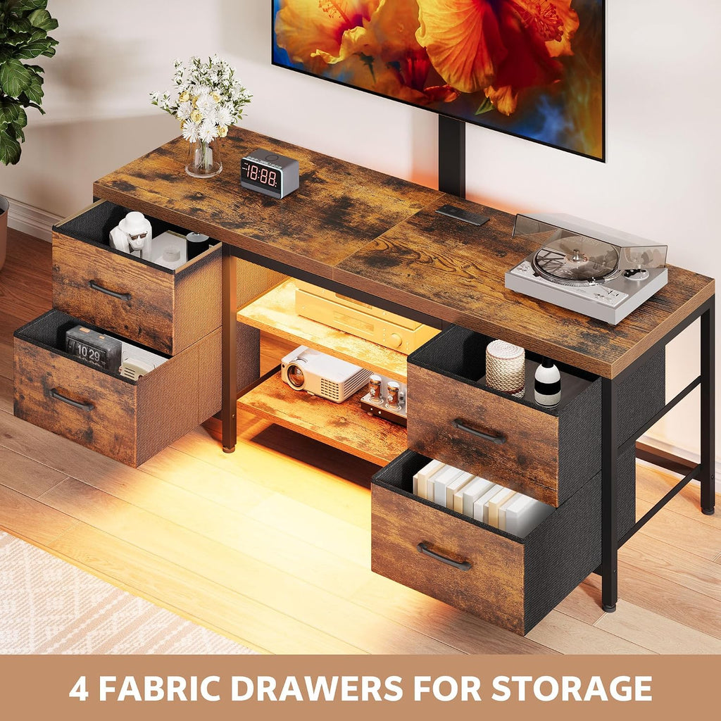 LED TV Stand for Living Room, with Mount, Power Outlet and Fabric Drawers, Entertainment Center w/Height Adjustable TV Mount for 26''-63'' TVs, Industrial Media Console w/Open Storage Shelves