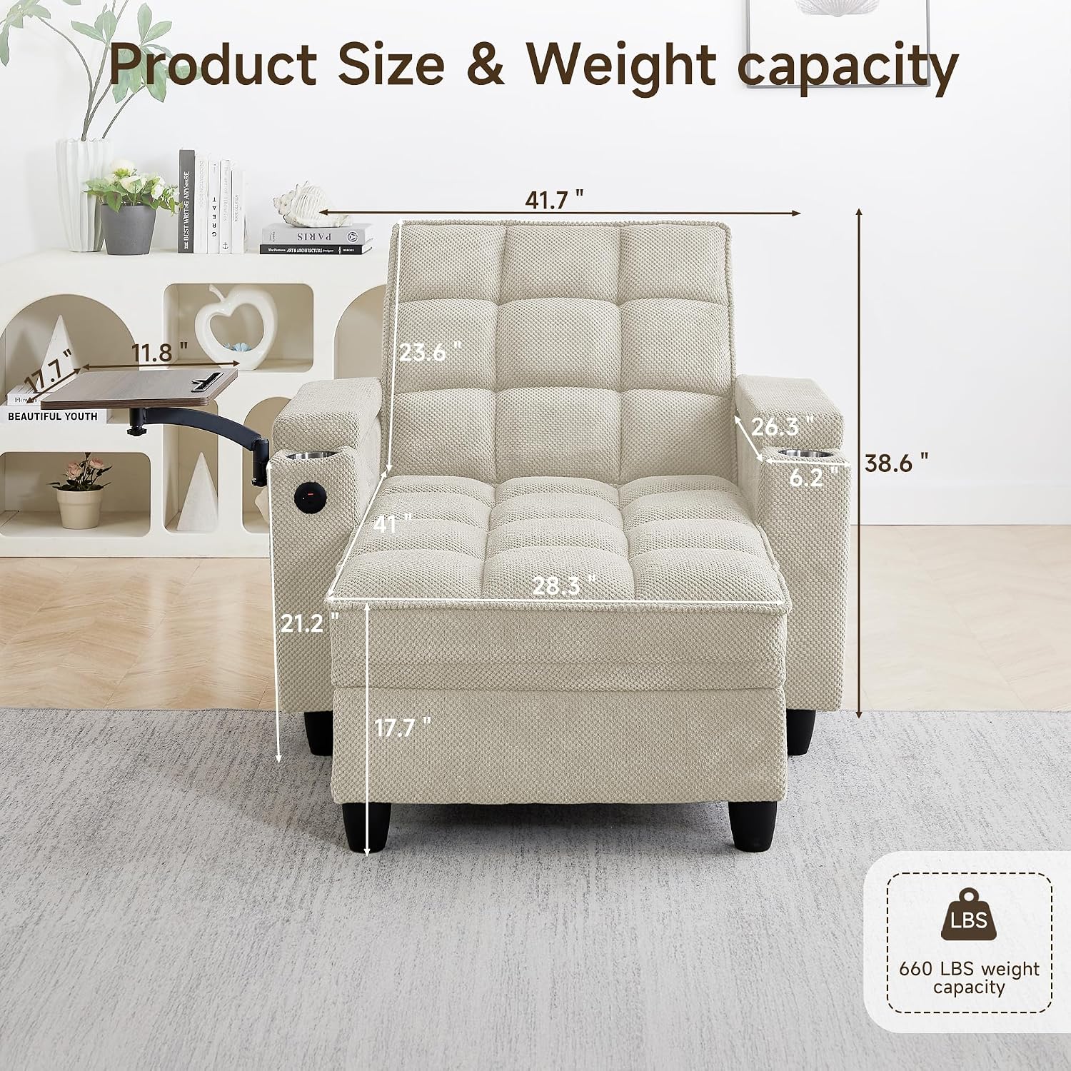 41.7' Oversized Chaise Lounge Chair Indoor, Boucle Upholstered Sofa Bed with Adjustable Backrest, Deep Seat Reading Chair, Sofas Couches for Living Room, Storage, Cup Holders & 360° Swivel Side Table