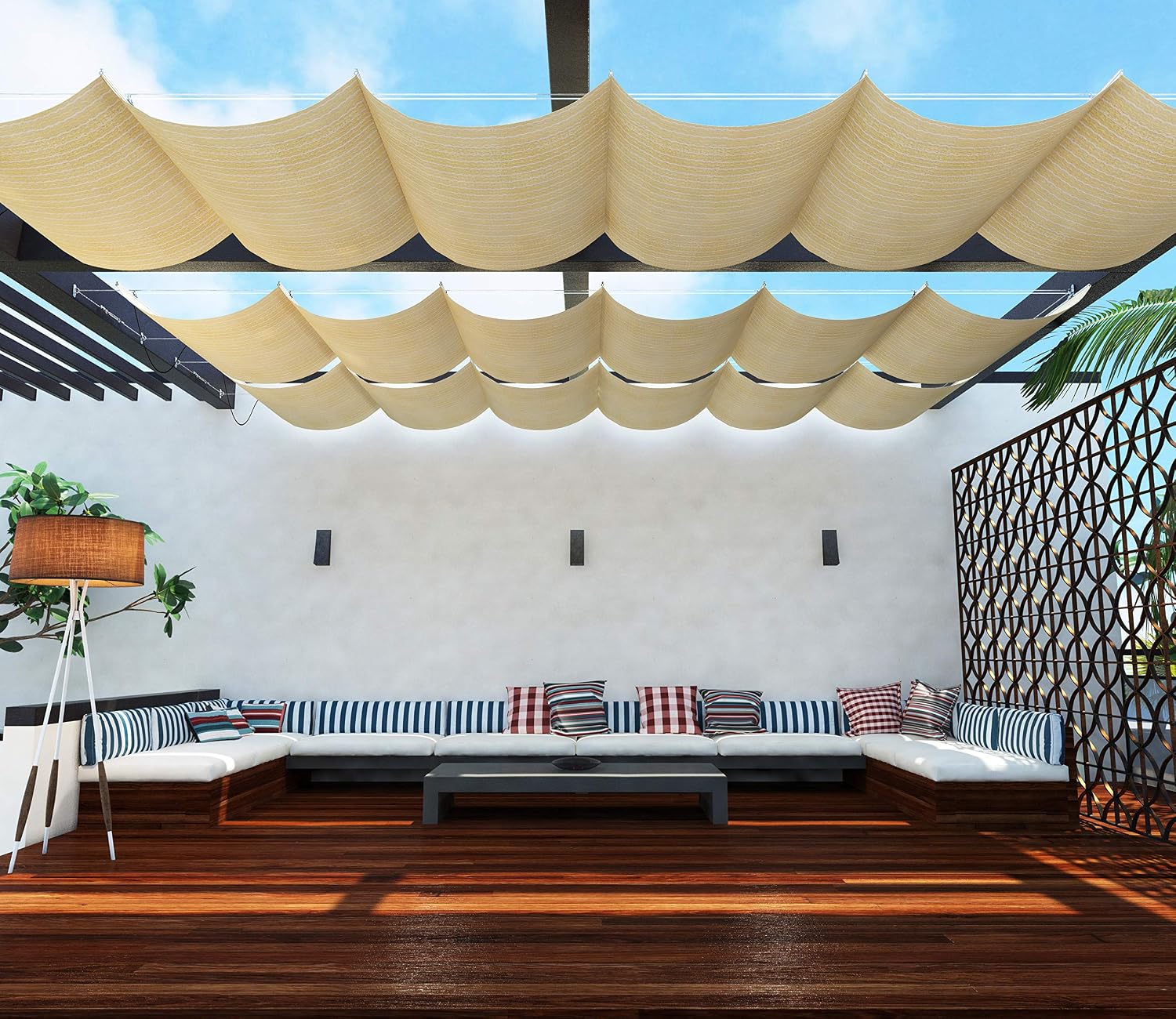 TANG 7' x 14' Pergola Cover Shade Canopy, Retractable Awning Sun Shades Outdoor Patio Pergolas Kit for Deck Backyard Gazebo, Wave Shade Sail with Hardware Wire Cable, Beige