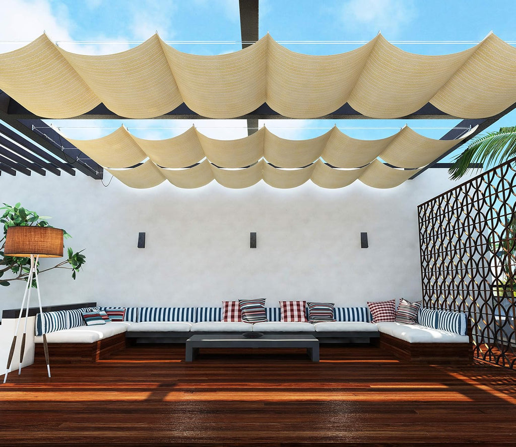 TANG 4' x 16' Pergola Cover Shade Canopy, Retractable Awning Sun Shades Outdoor Patio Pergolas Kit for Deck Backyard Gazebo, Wave Shade Sail with Hardware Wire Cable, Beige